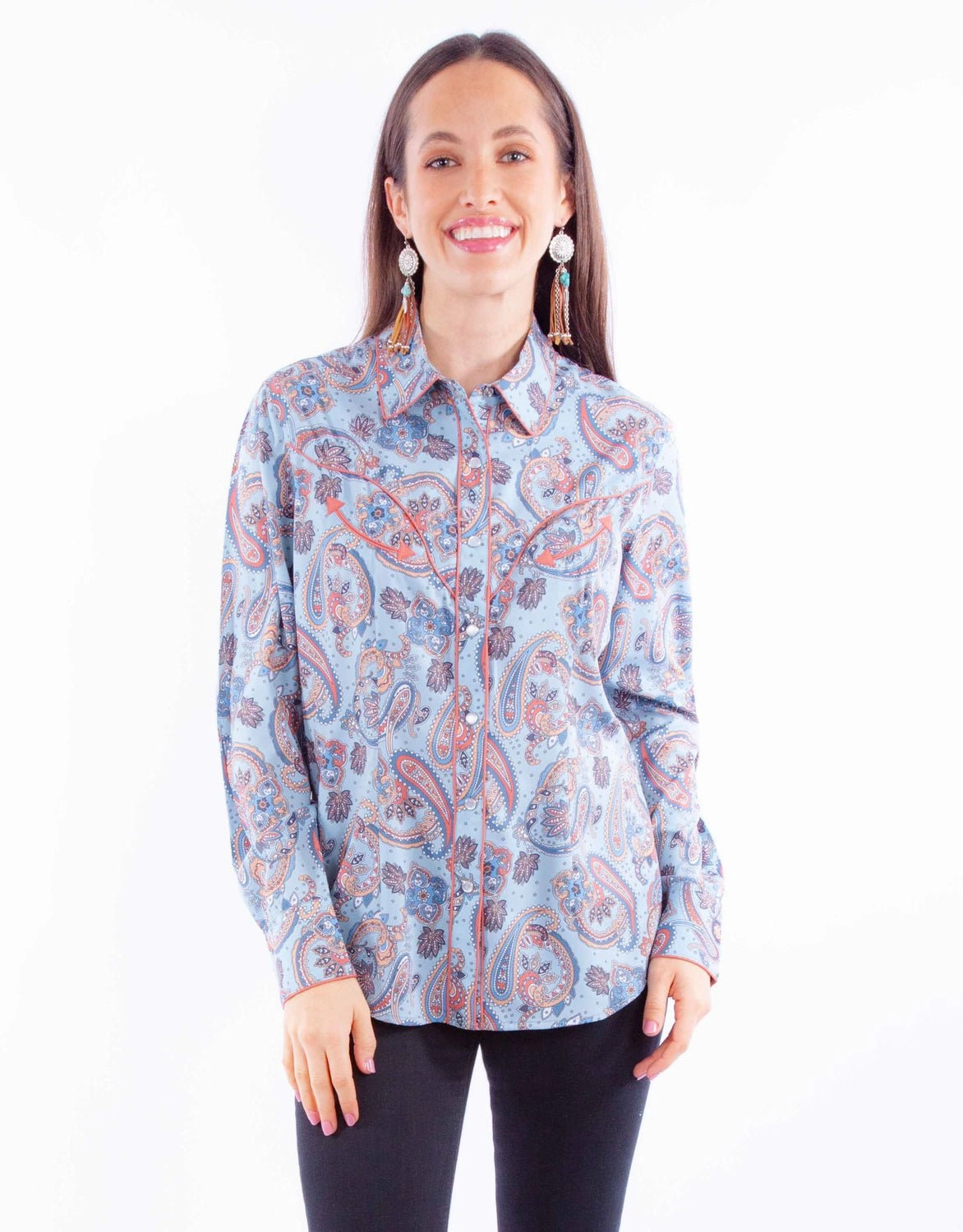 Scully Womens Western Paisley Blue 100% Rayon L/S Shirt Effortless Style