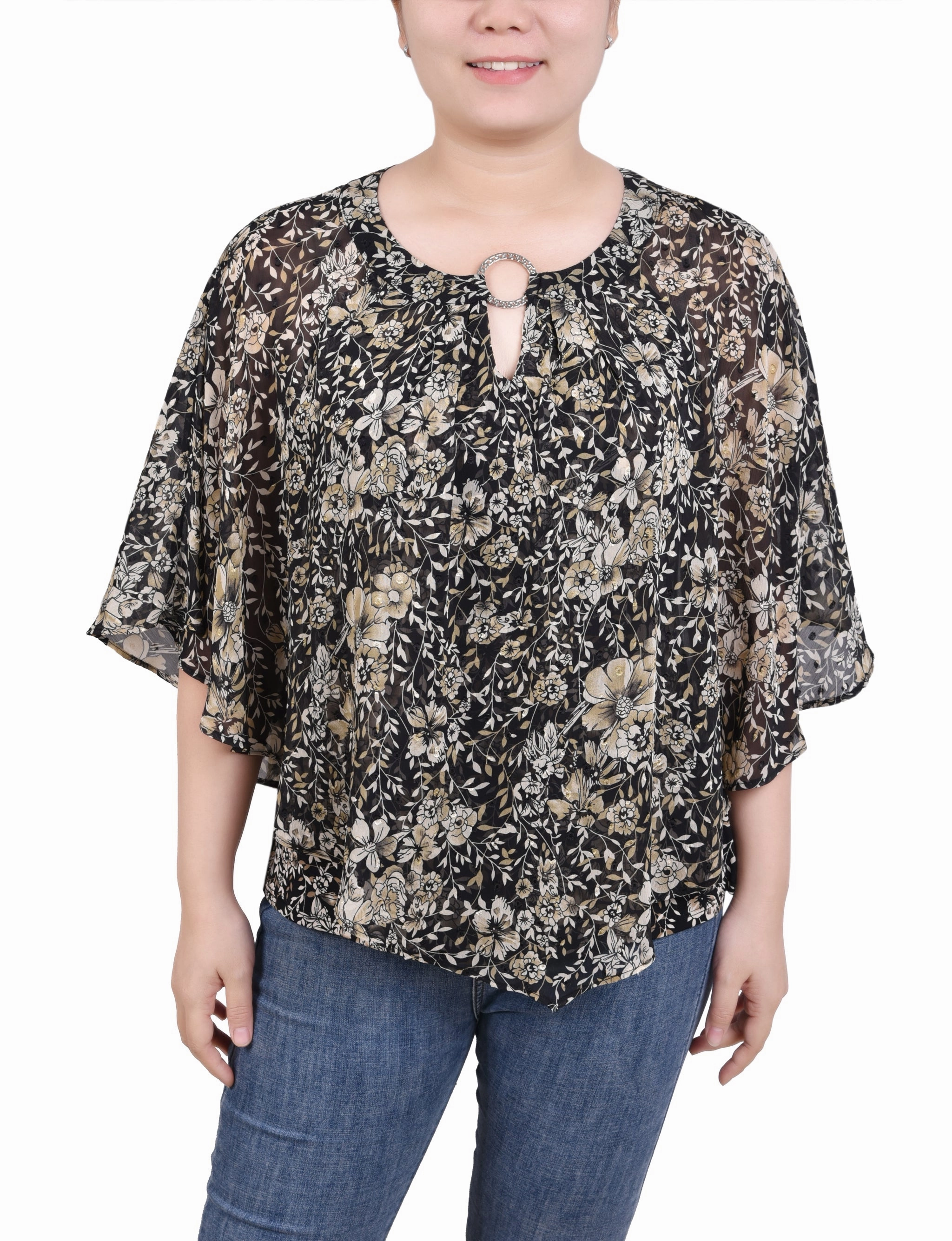 Urban Trendy Soft Material Chiffon Poncho Top With Ring