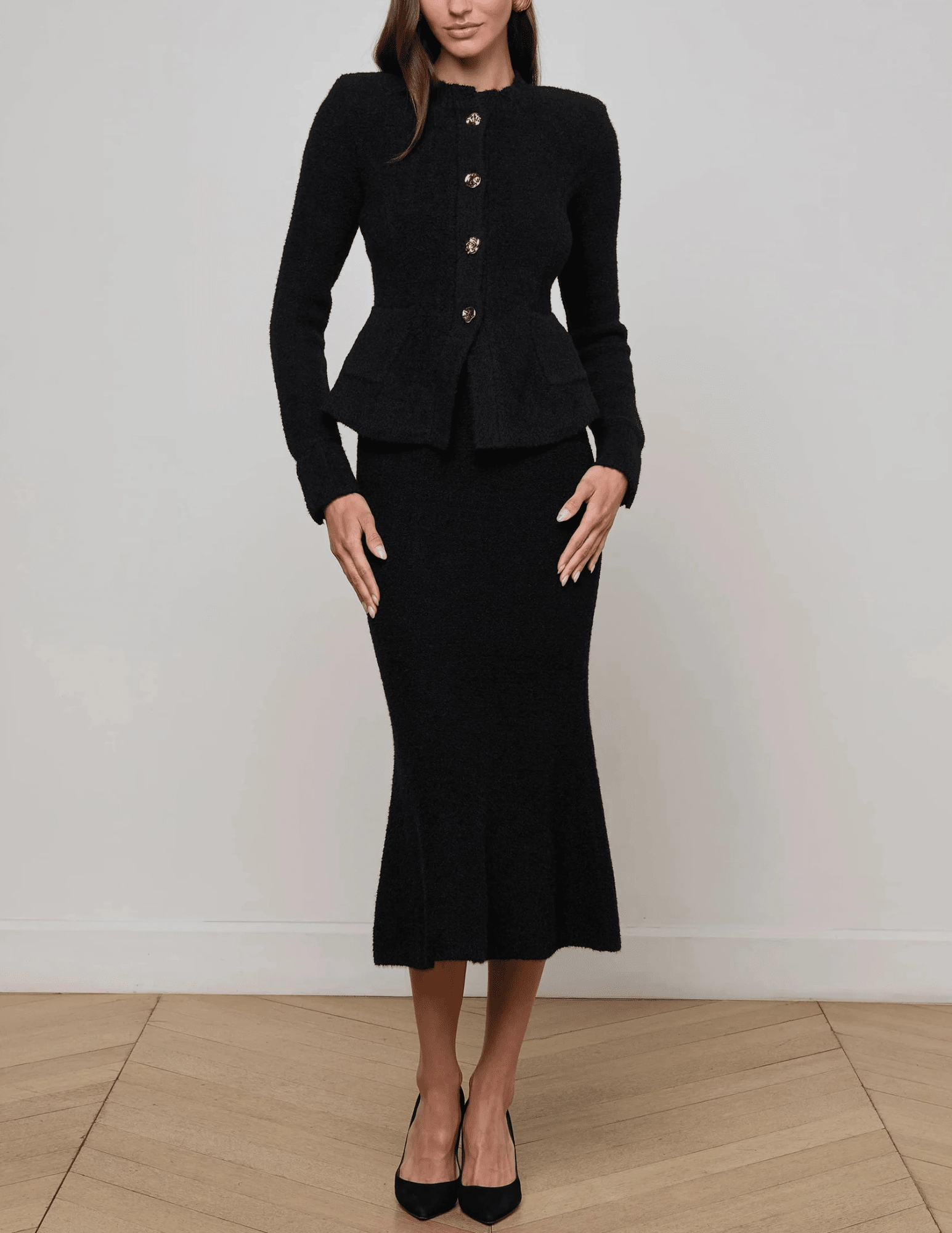 L'AGENCE Melissa Knit Flare Cardigan in Black Relaxed Outfit