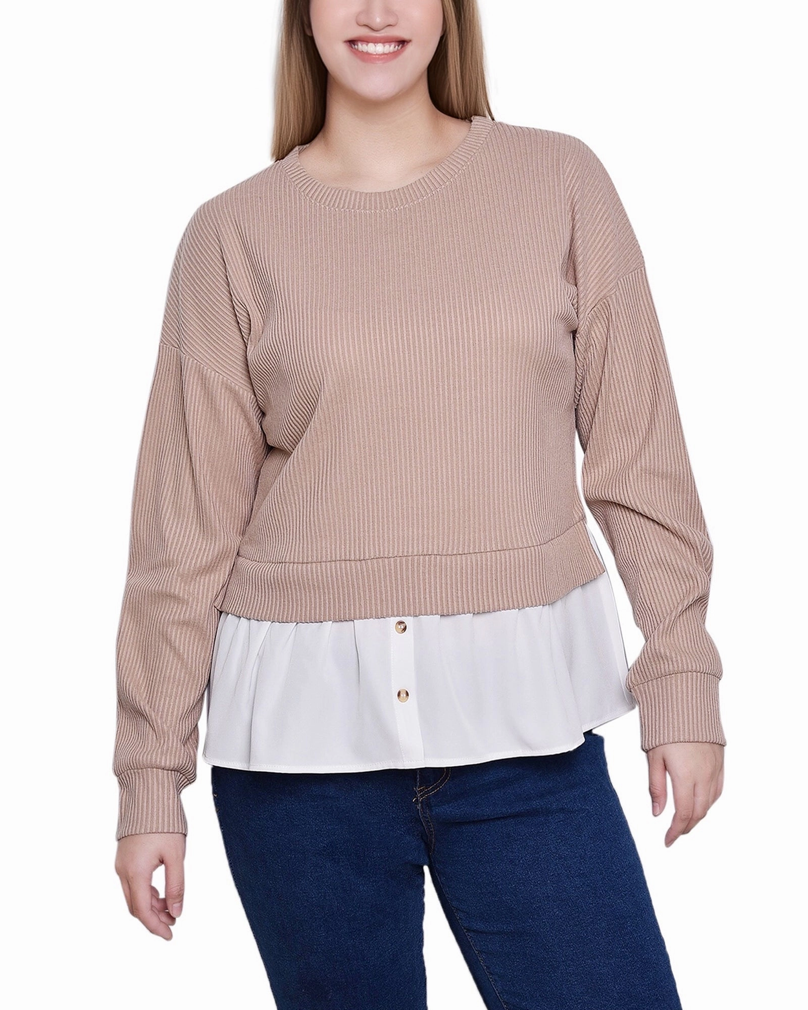 Petite Long Sleeve Two-Fer Top With Gathered Inset Quick Dressing