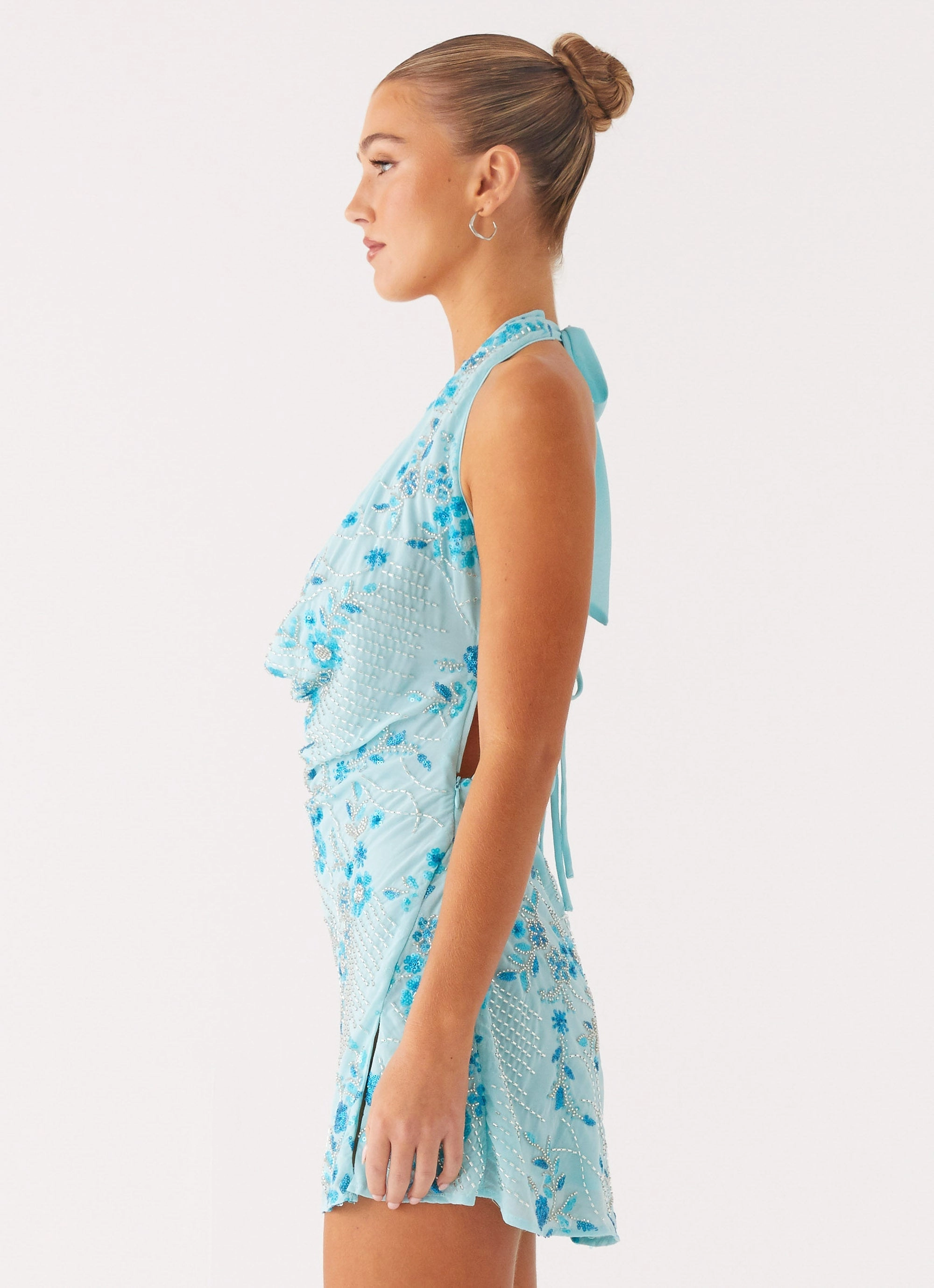 Layer Ready Comfortable Cut Cinzia Beaded Mini Dress - Blue