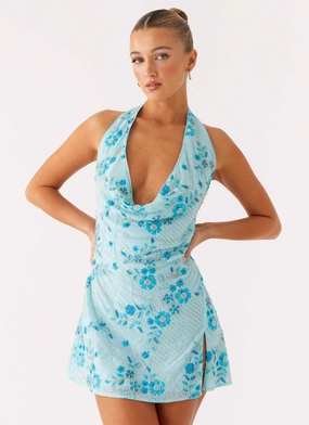 Sunset Glow Shine Dressy Cinzia Beaded Mini Dress - Blue