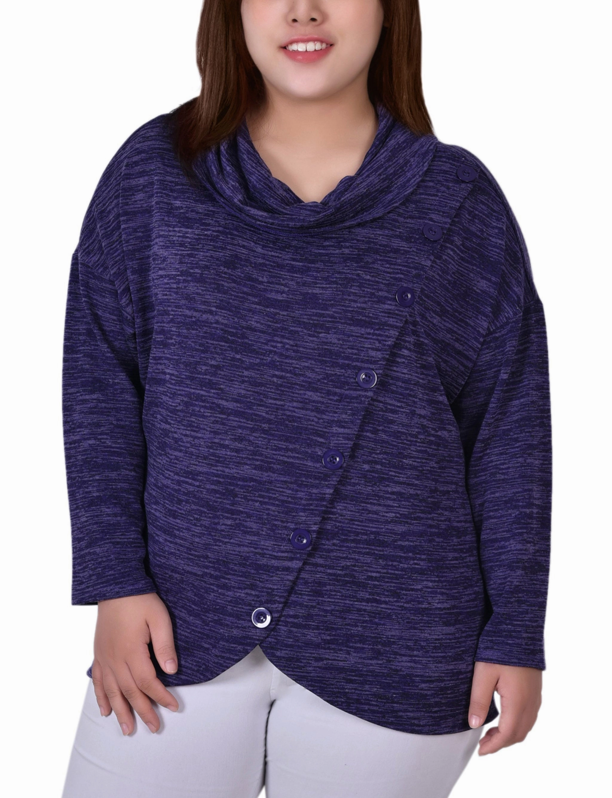 Whimsical Mood Relaxed outdoor dress Plus Size Long Sleeve Cowl Neck Top With Button Detail