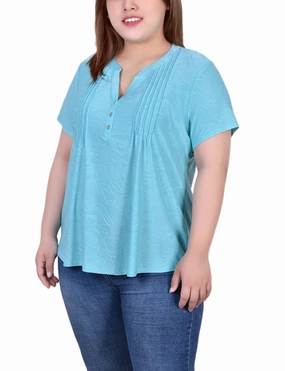 Plus Size Short Sleeve Y Neck Jacquard Knit Top Smart And Comfortable Silky Form