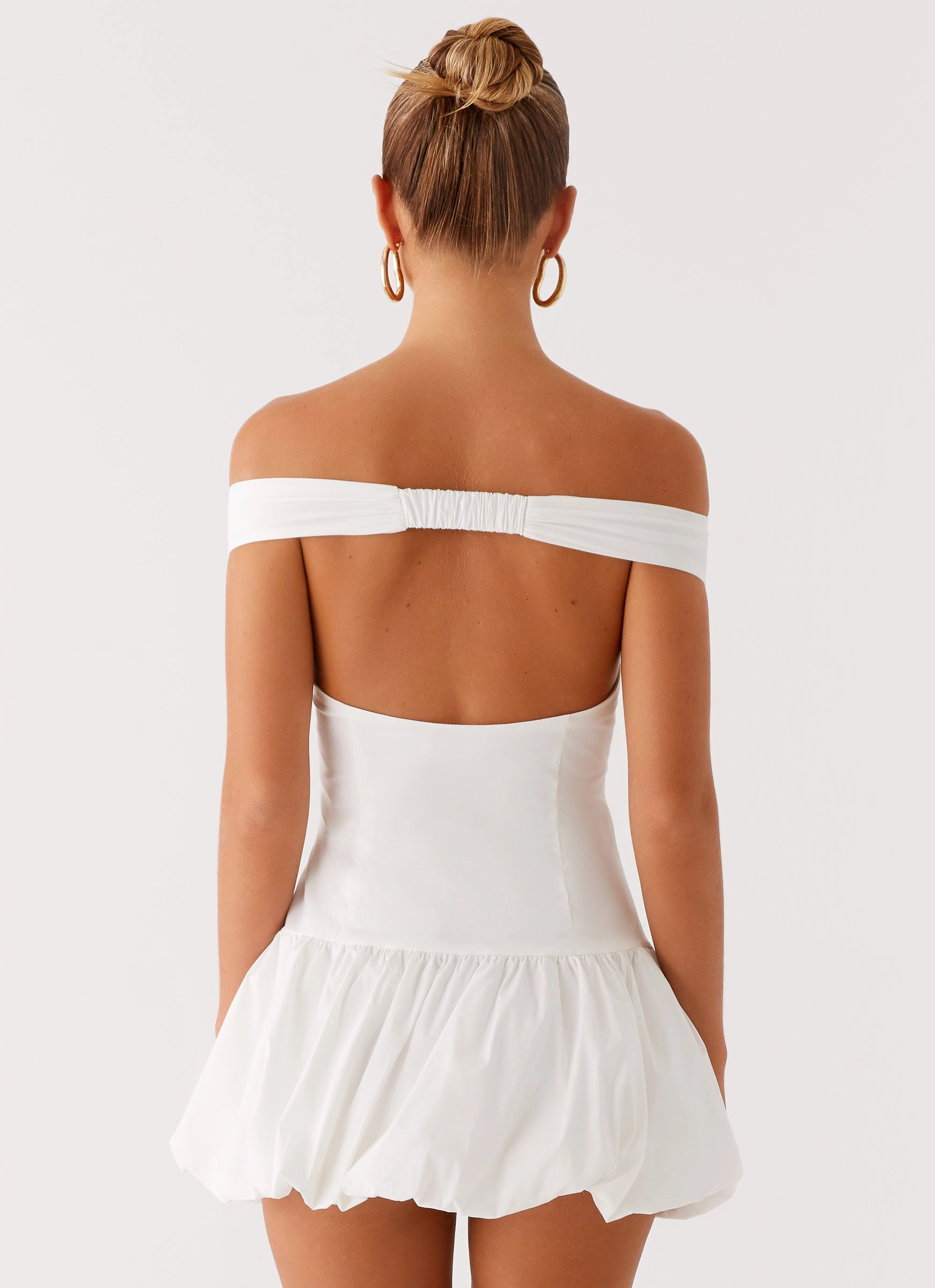 Shimmer-Finish Endless Romance Off Shoulder Mini Dress - White