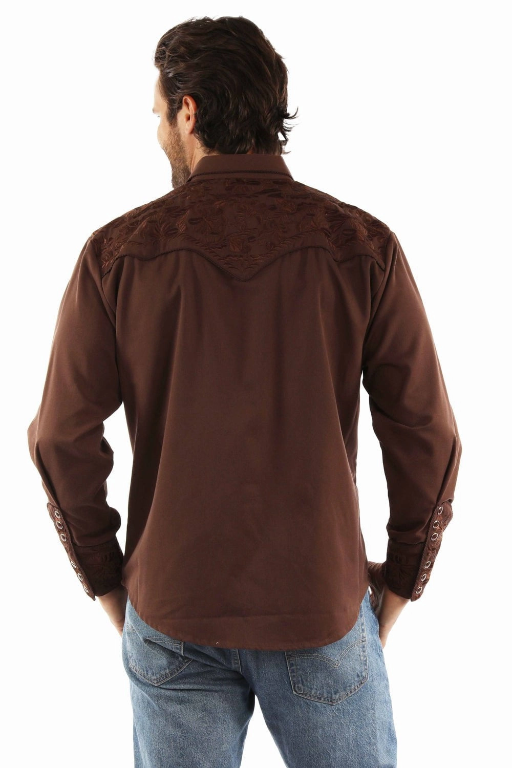 Fitted Silhouette Checkered Look Scully Mens Floral Tooled Mocha Poly/Rayon L/S Shirt