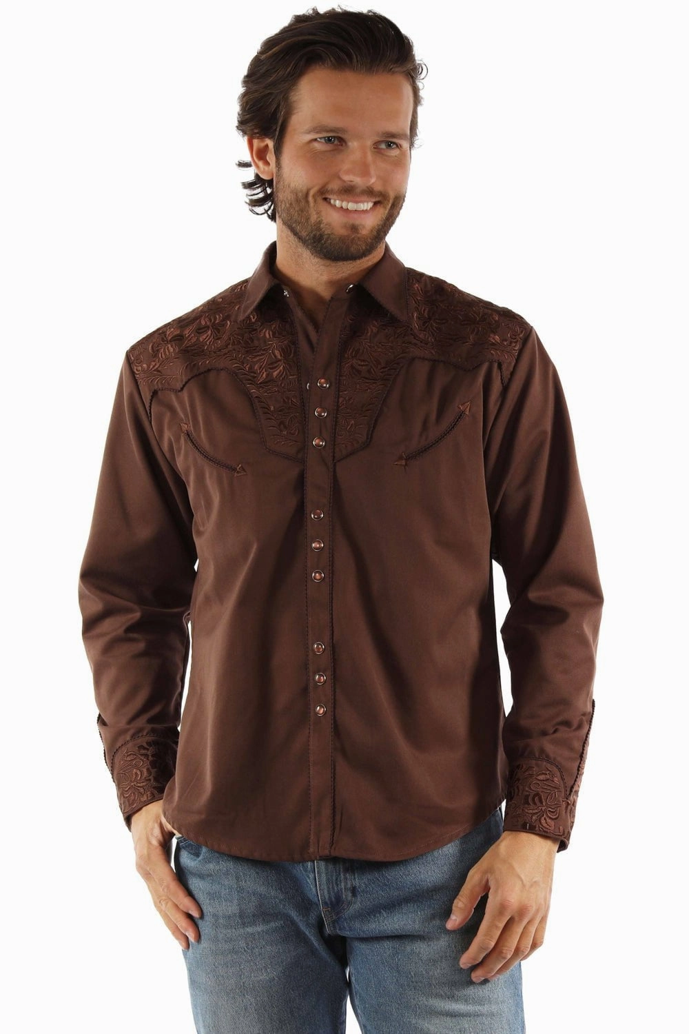 No Slip Shoulder Grips Perfect Fit Scully Mens Floral Tooled Mocha Poly/Rayon L/S Shirt