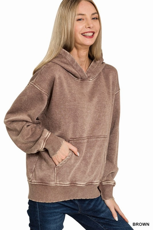 Sandra Fleece Acid Wash Kangaroo Pocket Hoodie Warm in winter