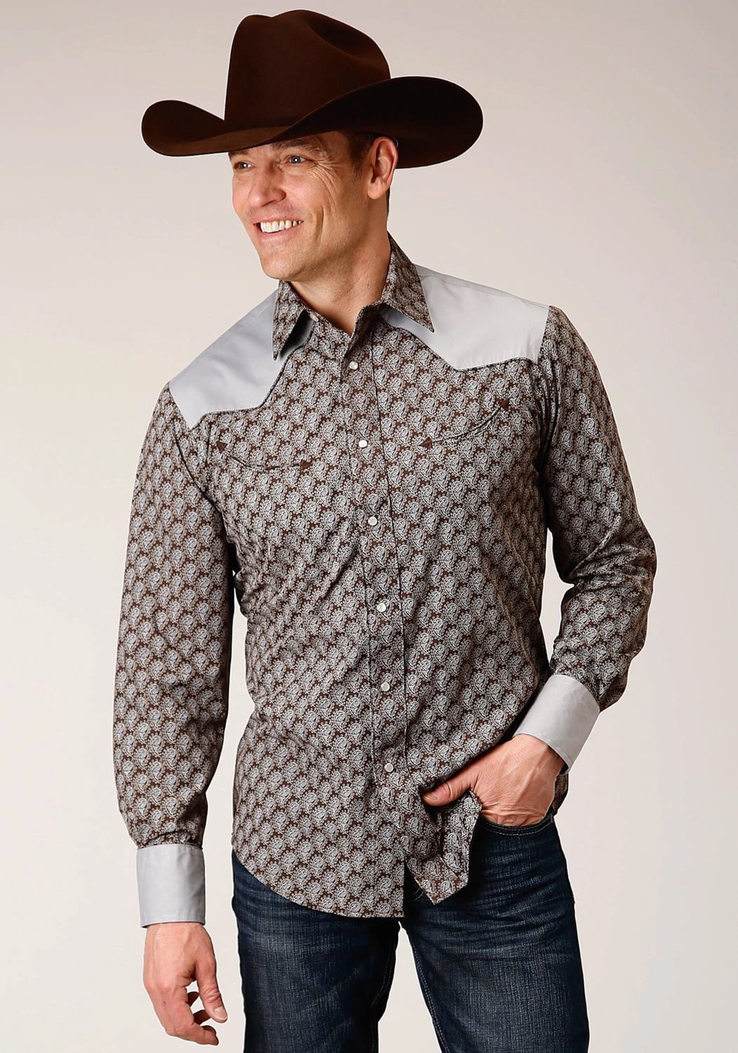 Anti Pilling Surface Runway Inspired Roper Mens Chocolate/Cream Cotton Blend Teardrop L/S Shirt