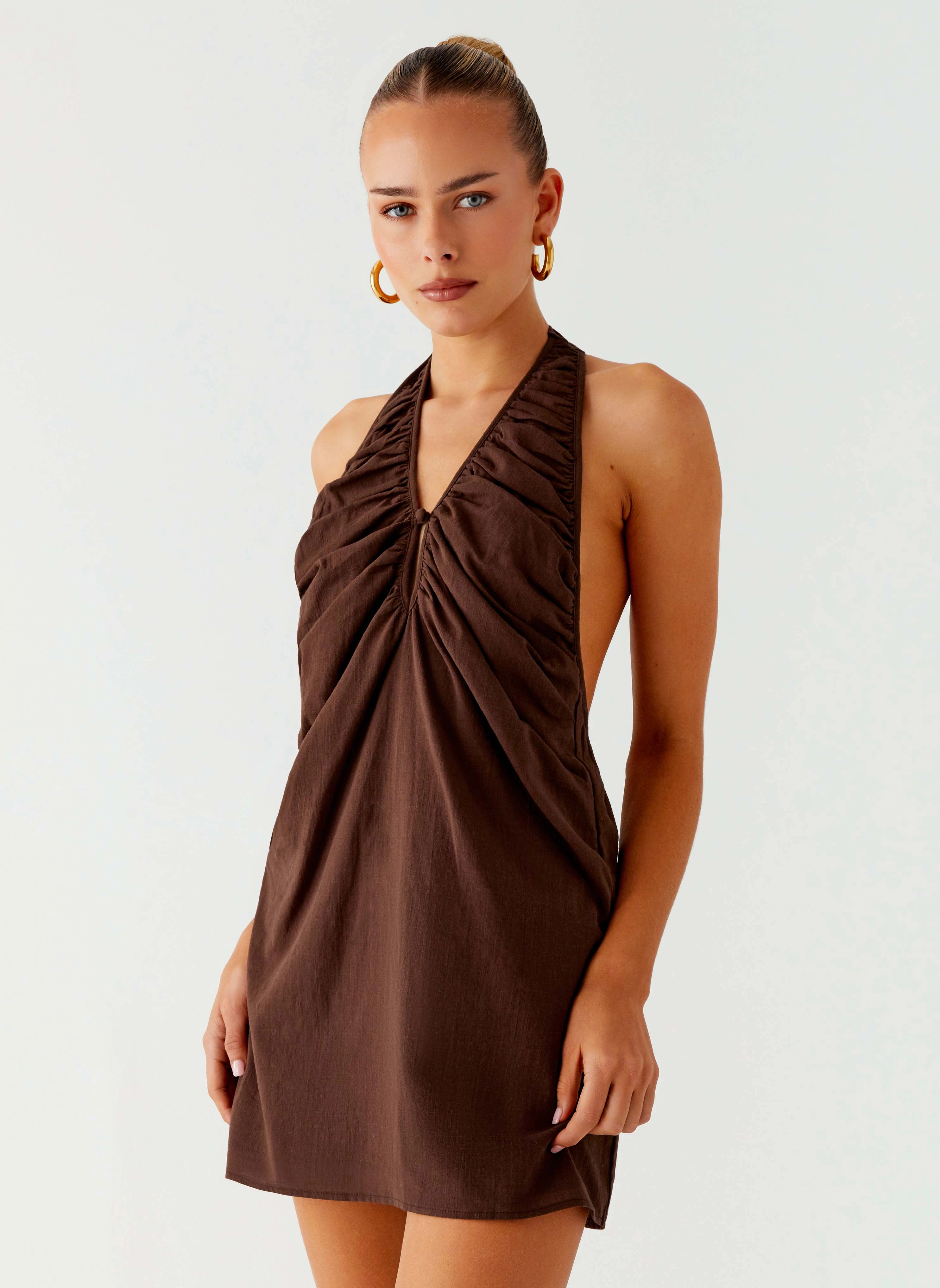 Jepsen Halter Mini Dress - Chocolate StretchableKnit High-waist