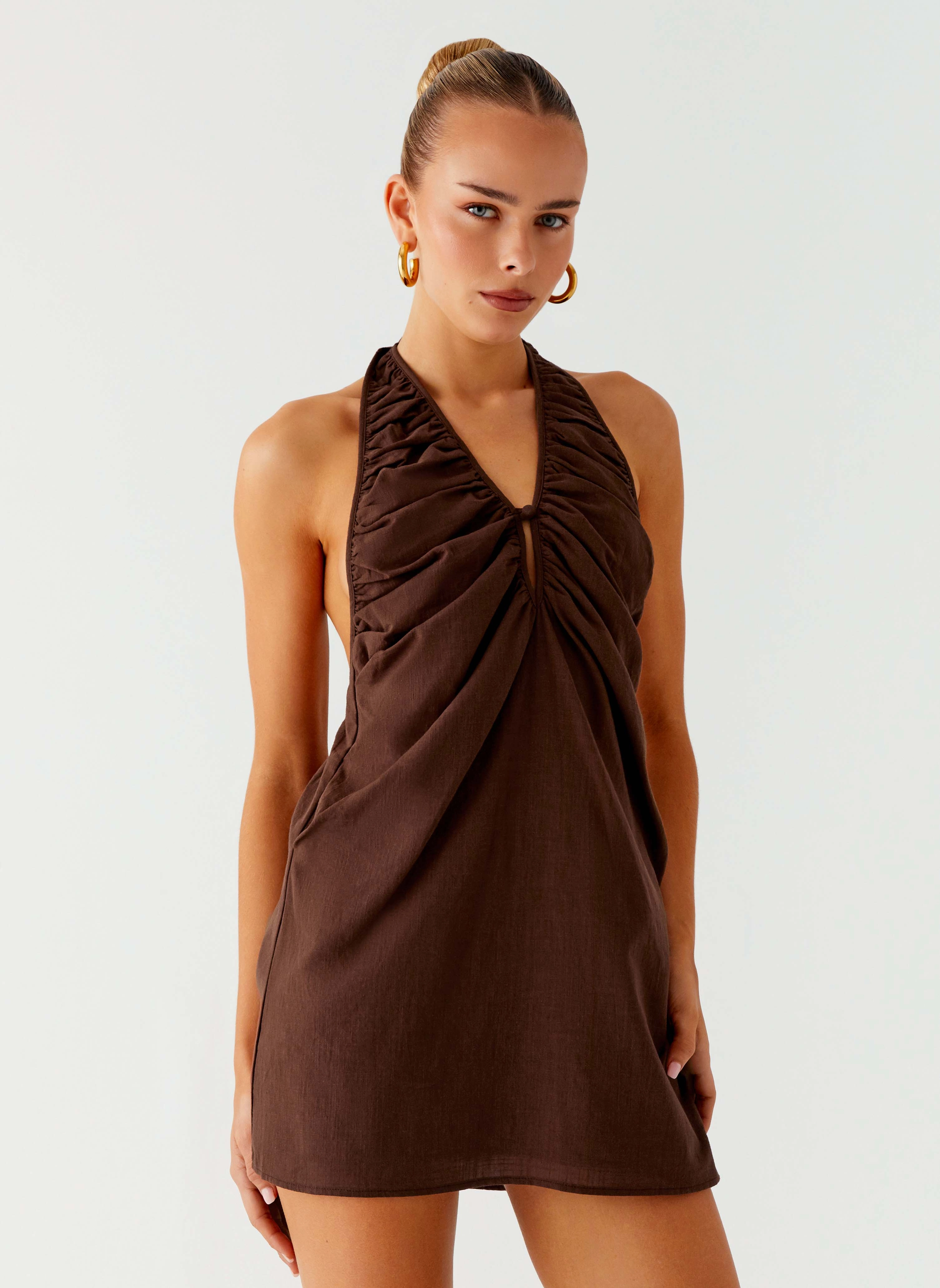 Jepsen Halter Mini Dress - Chocolate Cozy Silhouette