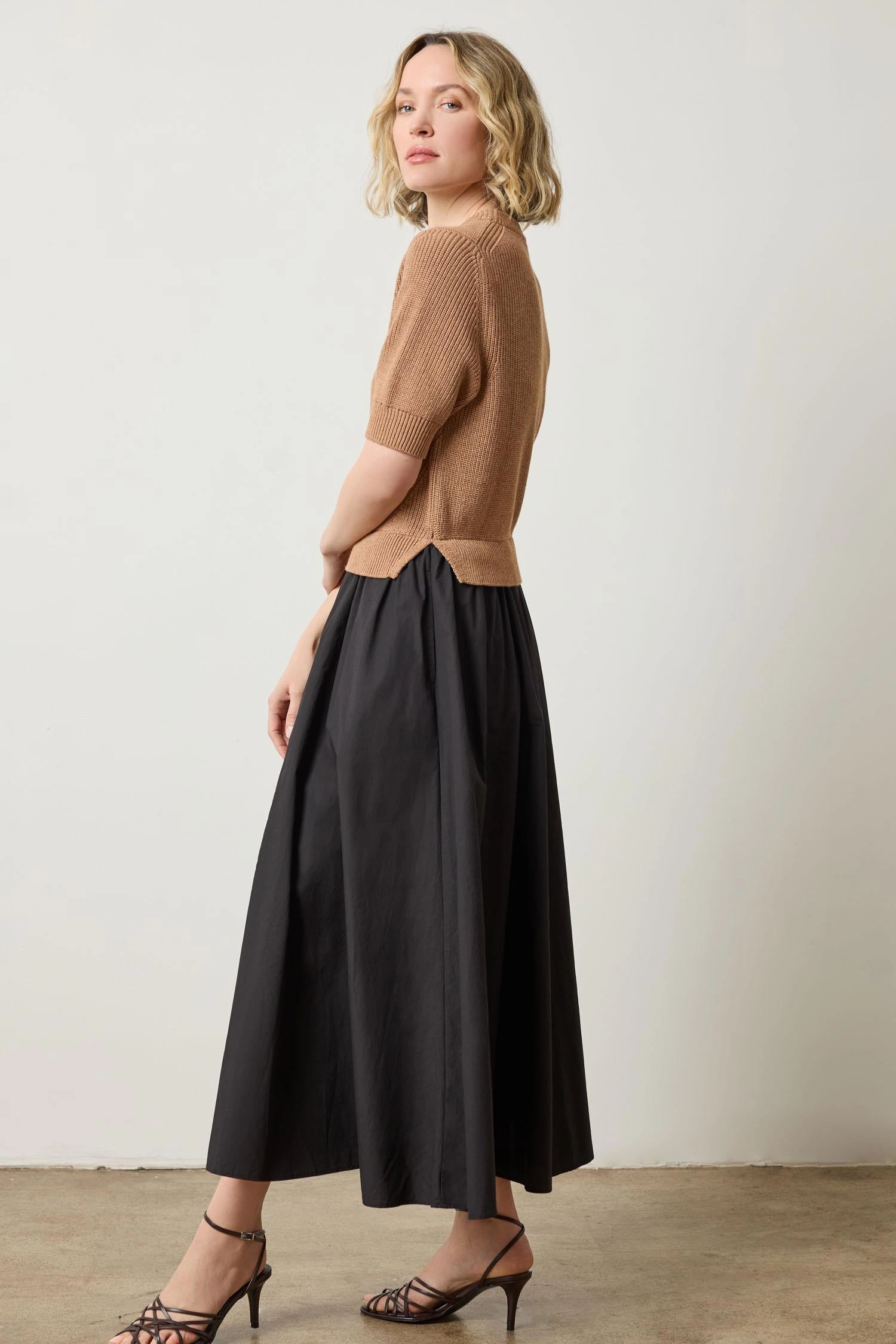 Mixed Media Dress in Acorn Draped Silhouette single wear