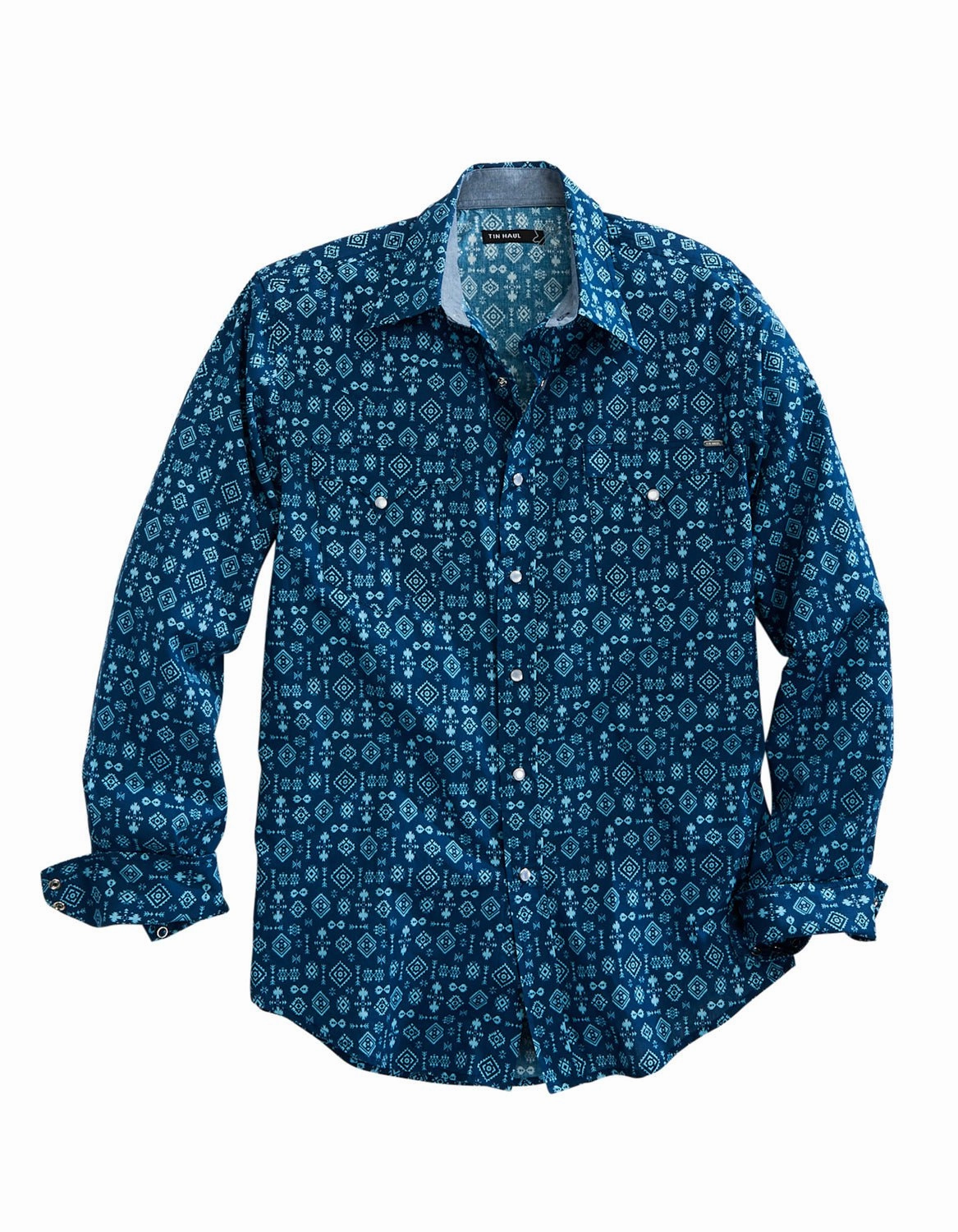 Tin Haul Mens 1954 Indigo Aztec Blue 100% Cotton L/S Shirt Graduation Ceremony Soft touch finish