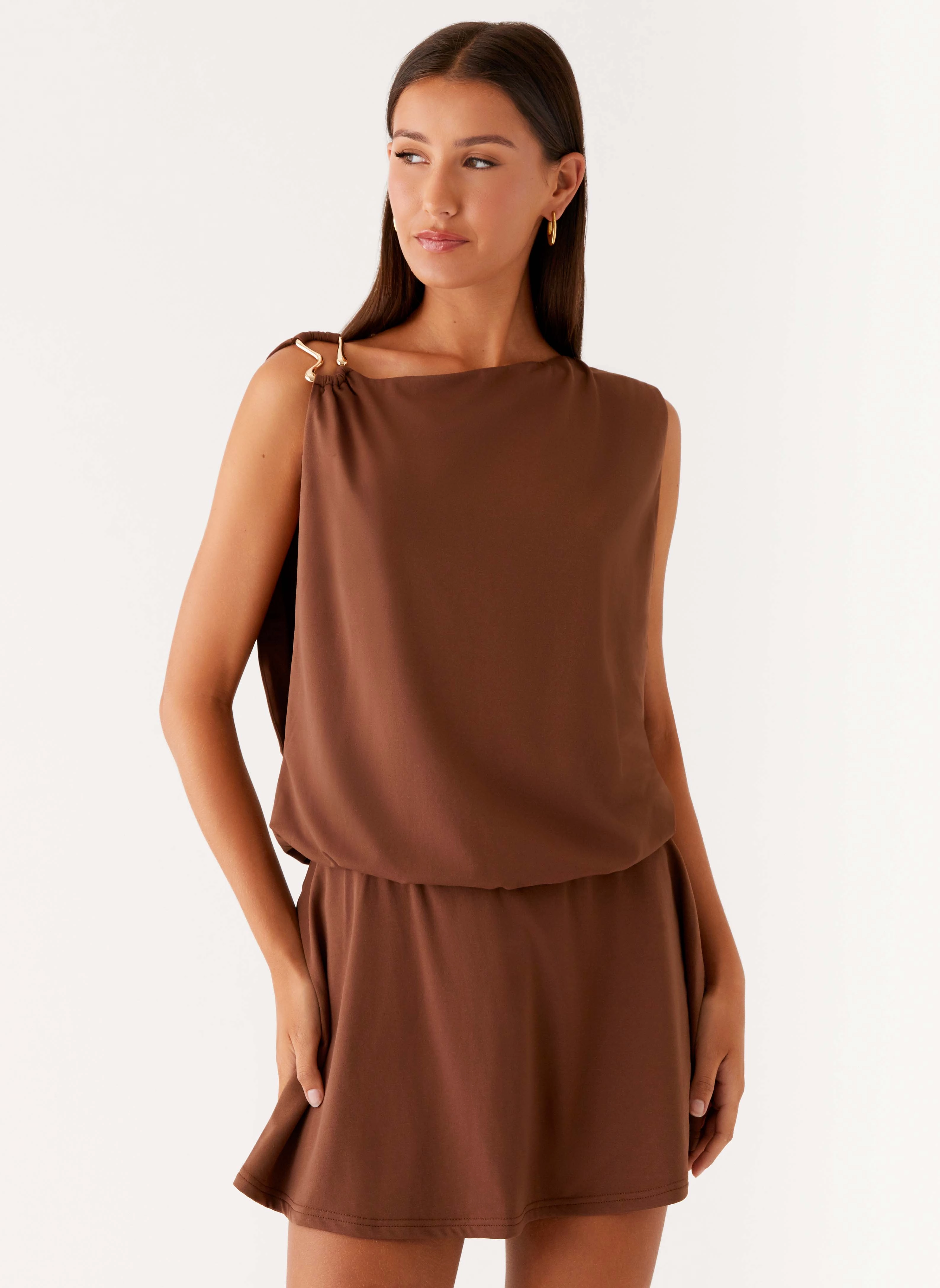 Pleated design Gathered Skirt Ala Mini Dress - Chocolate