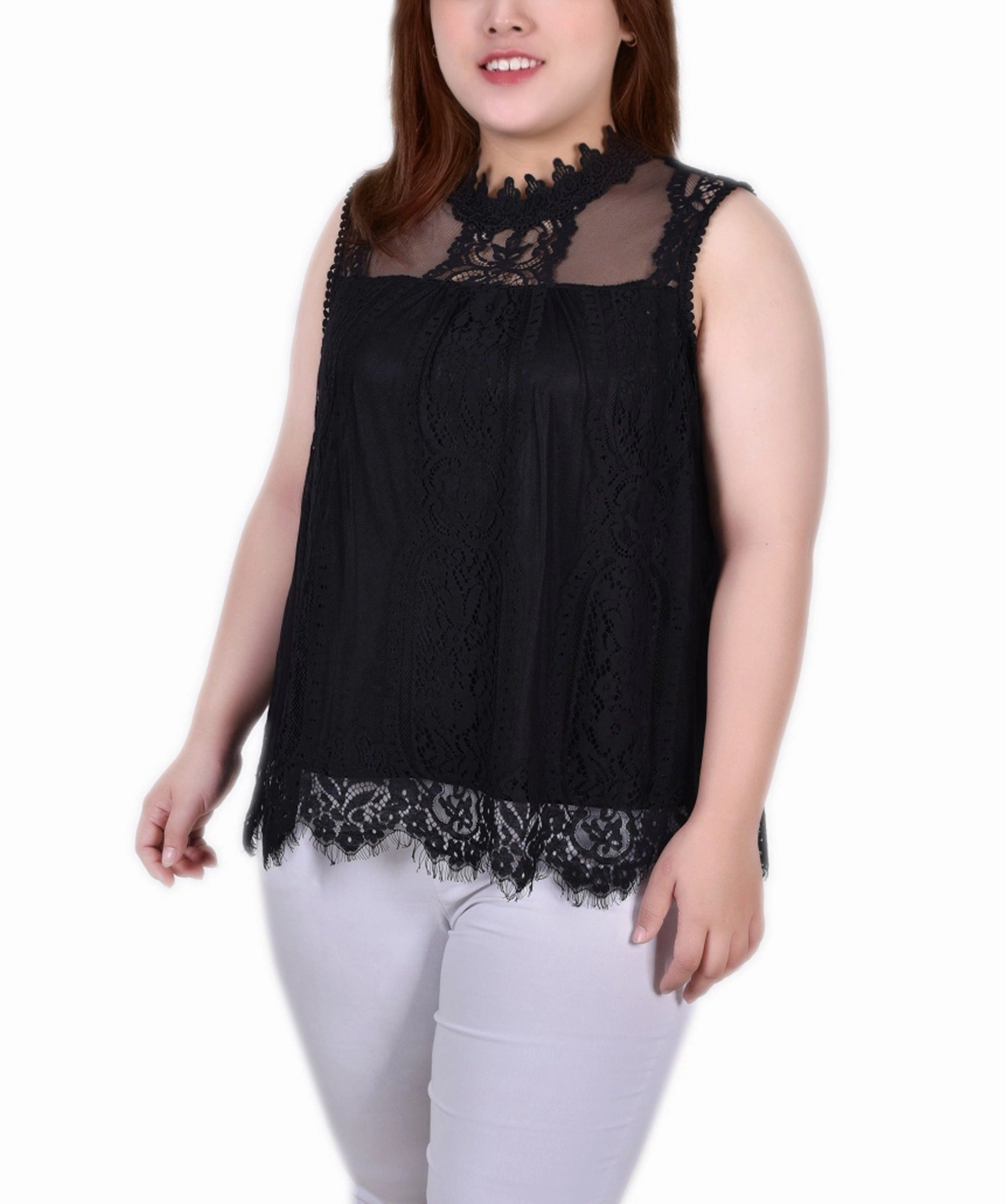 Sleek Draping Geometric-pattern Plus Size Sleeveless Mock Neck Lace Top
