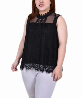 Classic Grace Smart Texture Plus Size Sleeveless Mock Neck Lace Top