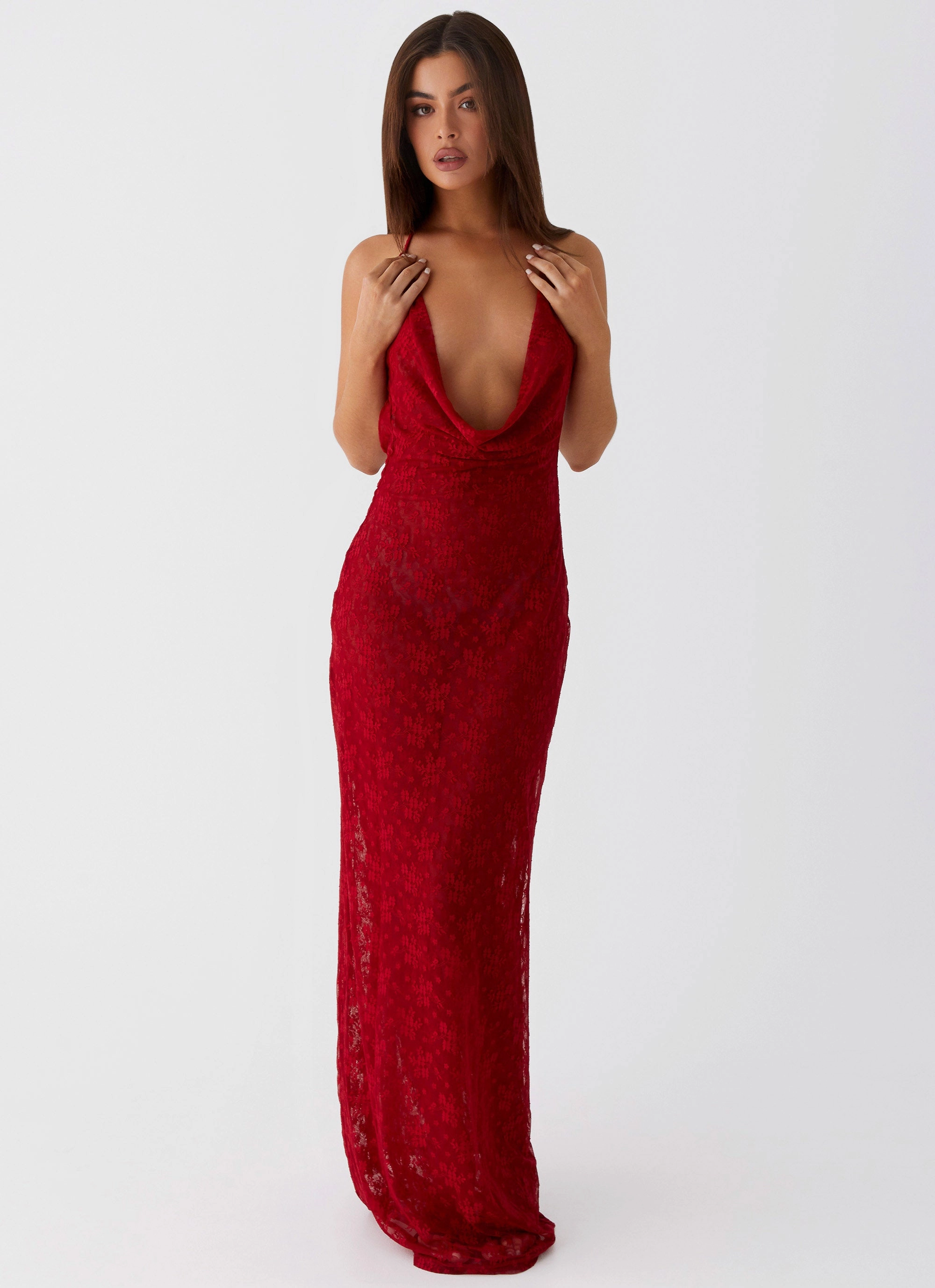 Champagne Coastline Maxi Dress - Dark Red Crystal-Detail Urban Aesthetic