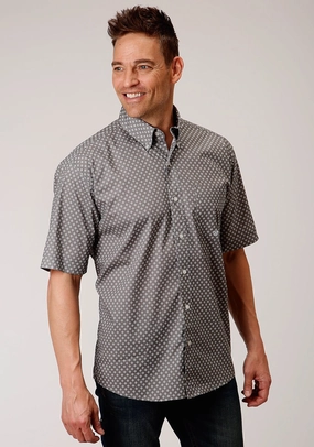 Patterned Texture Non Restrictive Armhole Roper Mens Grey Cotton Blend 1 Pocket BD S/S Shirt