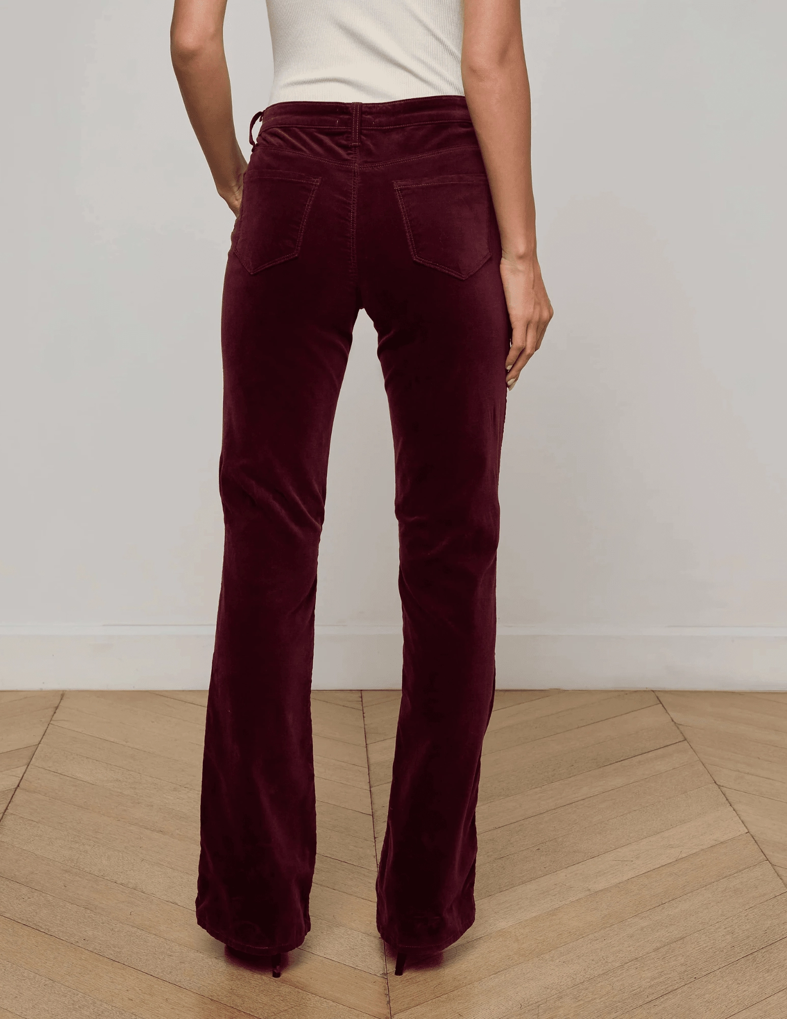 Spring Mood Brunch Outfit Formal Comfy Wear L'AGENCE Stevie Velvet Jeans in Dark Port
