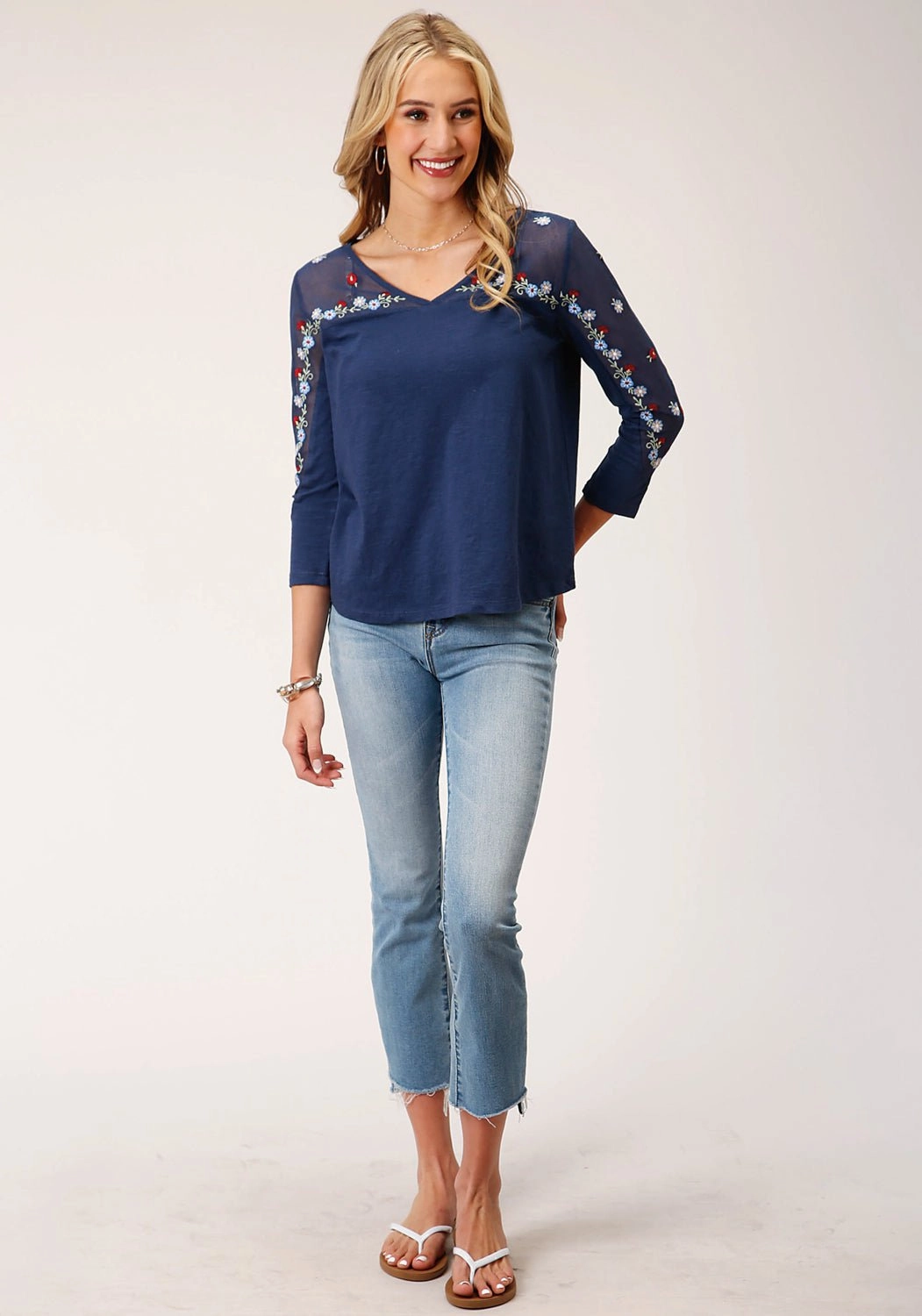 Roper Womens Floral Mesh Blue 100% Cotton 3/4 Sleeve S/S Tunic Plus size option