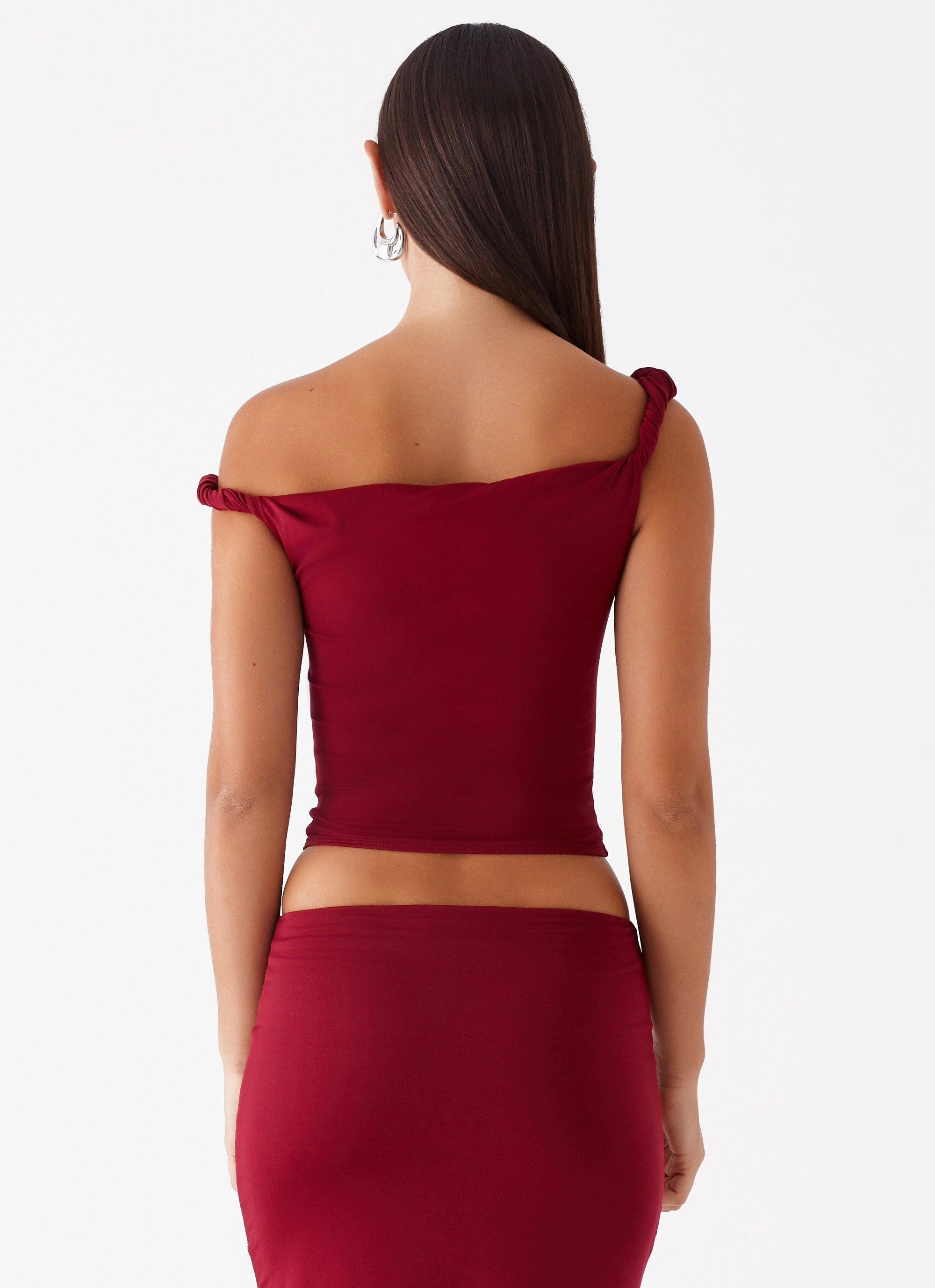 Solace Soul Twist Shoulder Top - Maroon Asymmetrical Cut Friction Free