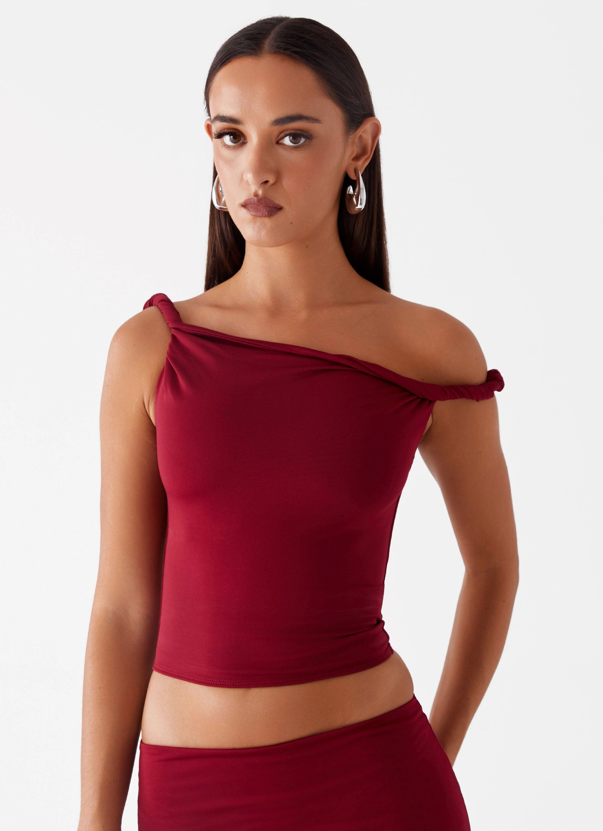 Solace Soul Twist Shoulder Top - Maroon Synthetic Blend Creative Layering