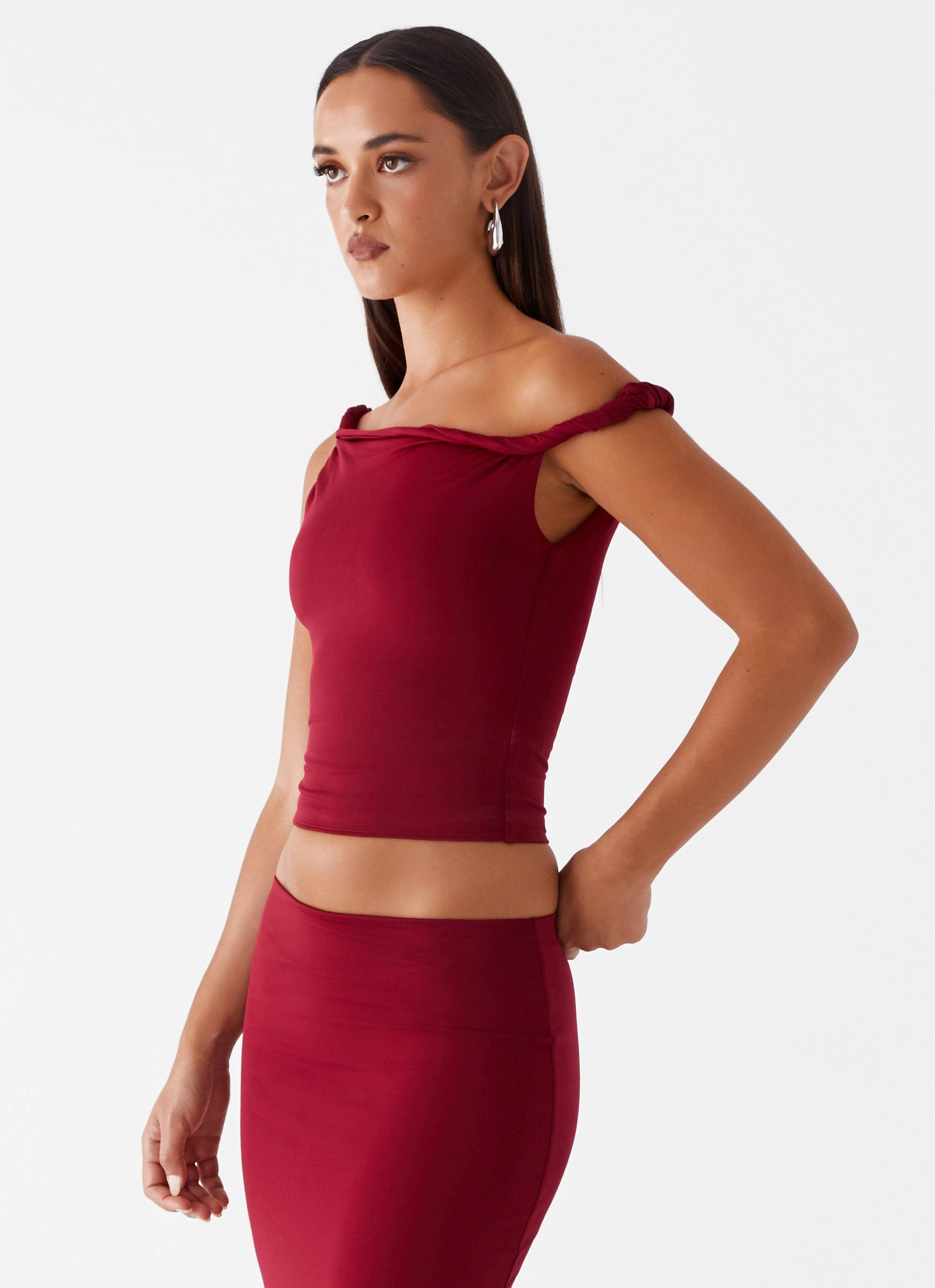 Solace Soul Twist Shoulder Top - Maroon Luxury Trim Performance Wear