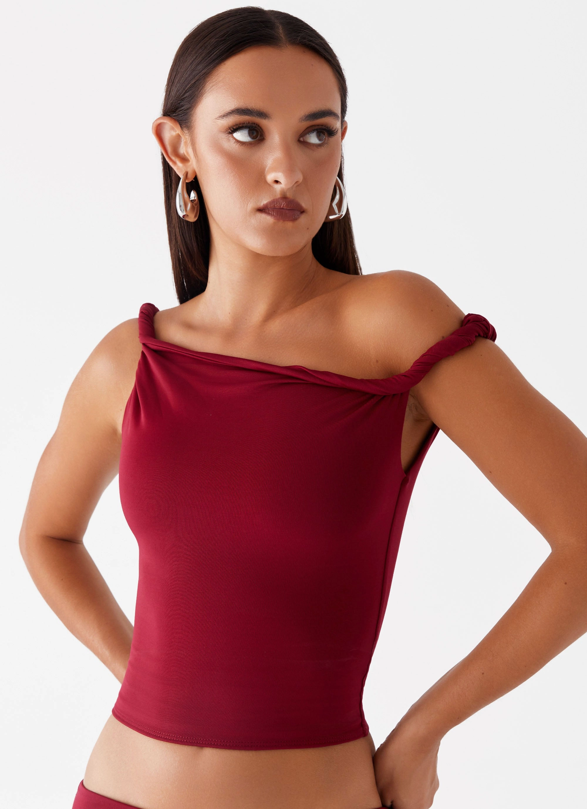 Solace Soul Twist Shoulder Top - Maroon Stretchable Waist