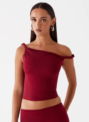Solace Soul Twist Shoulder Top - Maroon Synthetic Blend Creative Layering