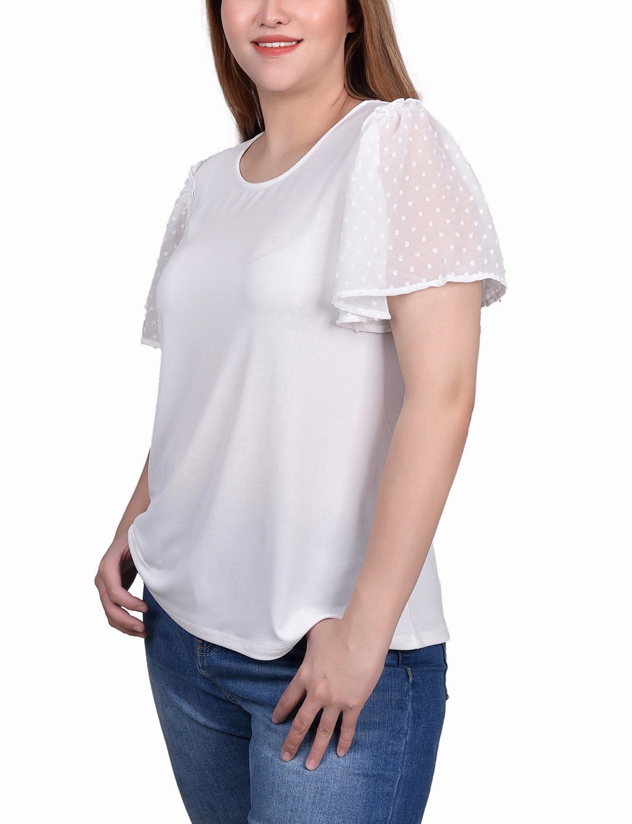 Lightweight Jersey Material Clip Dot Flutter Sleeve Top