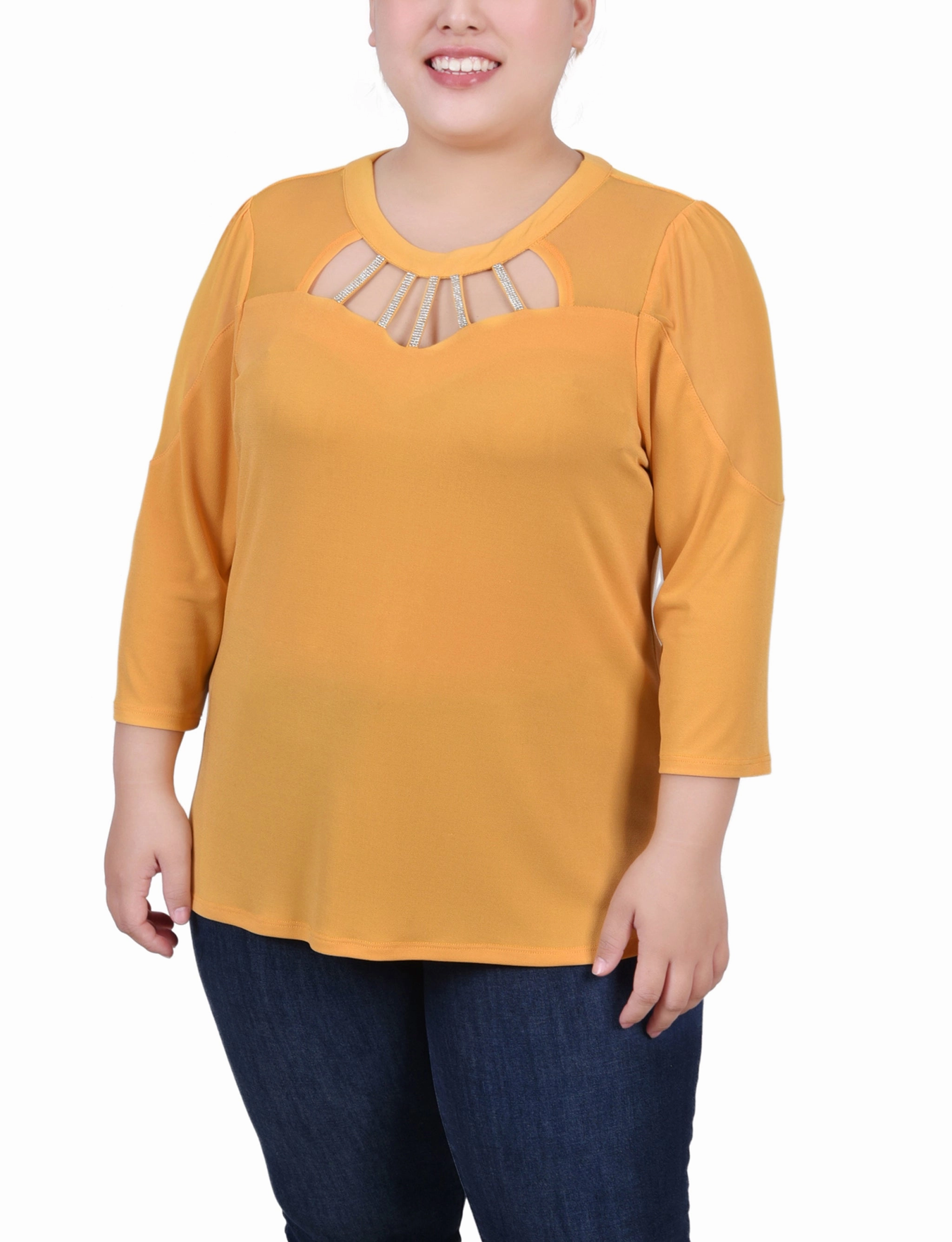 Casual Fit Plus Size 3/4 Sleeve Top With Neckline Cutouts and Stones