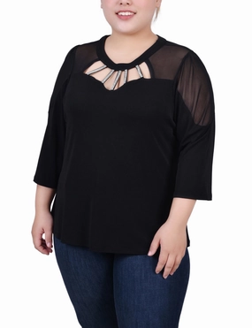 Velvet-Sleeve Plus Size 3/4 Sleeve Top With Neckline Cutouts and Stones
