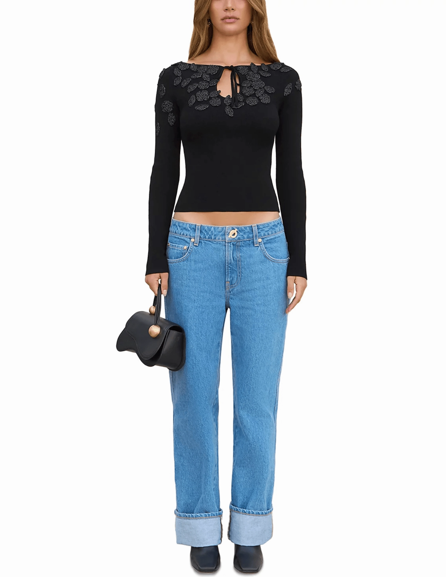 Flexible Fabric Soft and Cozy Knit Cult Gaia Livie Crochet Flower Knit Top