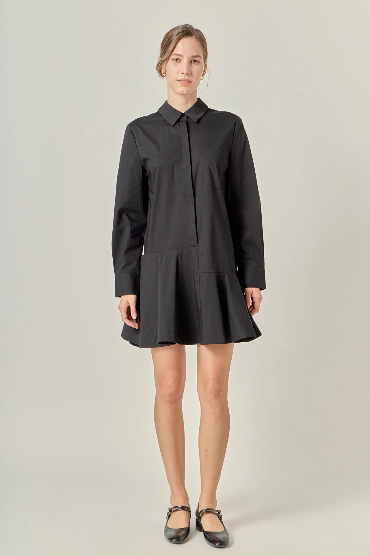 COLLAR FLARE SKIRT DRESS Patterned-Fabric