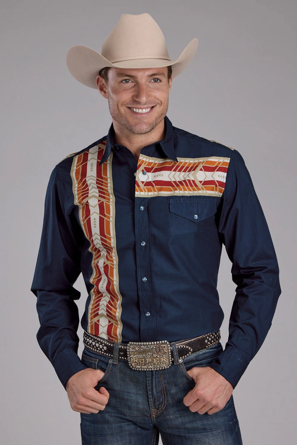 Roper Mens 2136 Aztec Border Blue 100% Cotton L/S Shirt Modern Fit