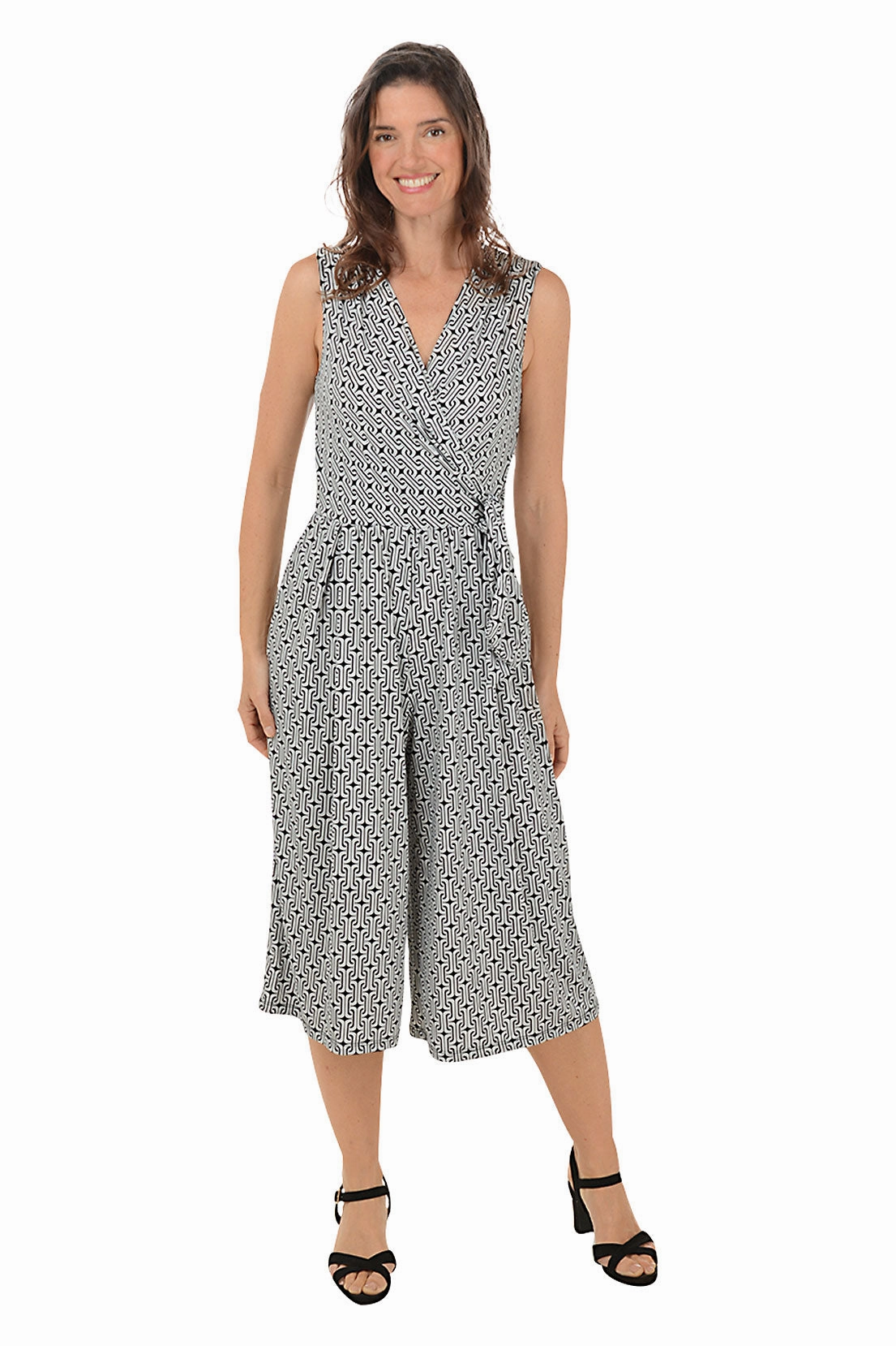 Essential Piece Printed-Lining Chainlink Side Tie Surplice Sleeveless Jumpsuit
