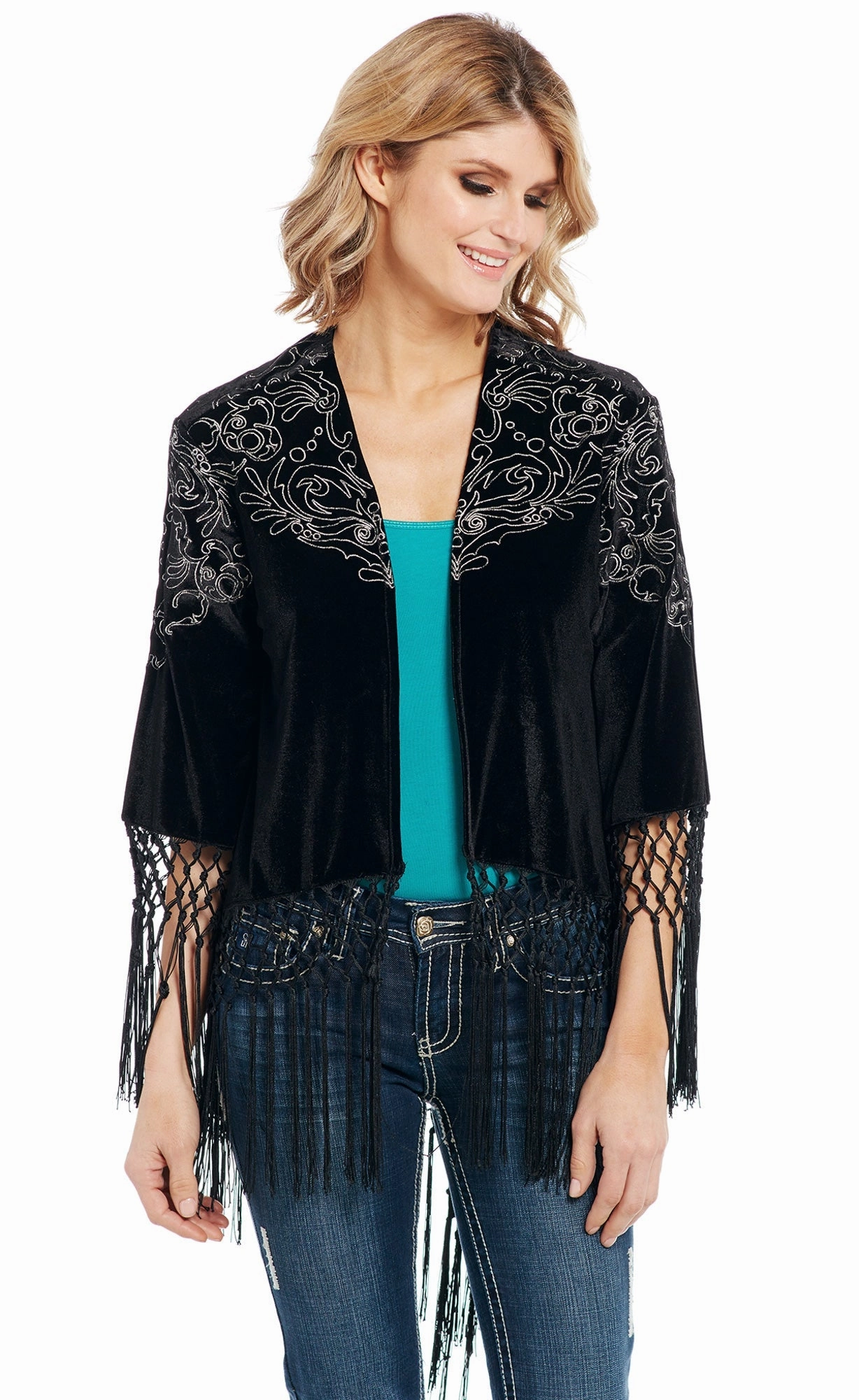 Ergonomic Sleeve Engineering Everyday Knit Cowgirl Up Womens Black Polyester Velvet Wrap Cardigan S/S