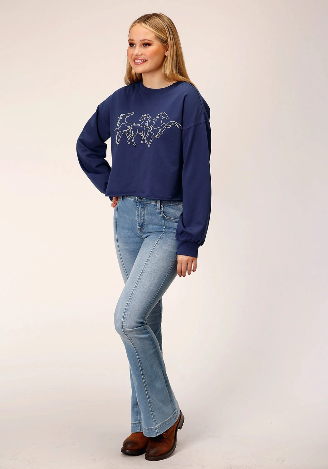 Roper Womens Broncos Blue 100% Cotton Sweatshirt Effortless Layering