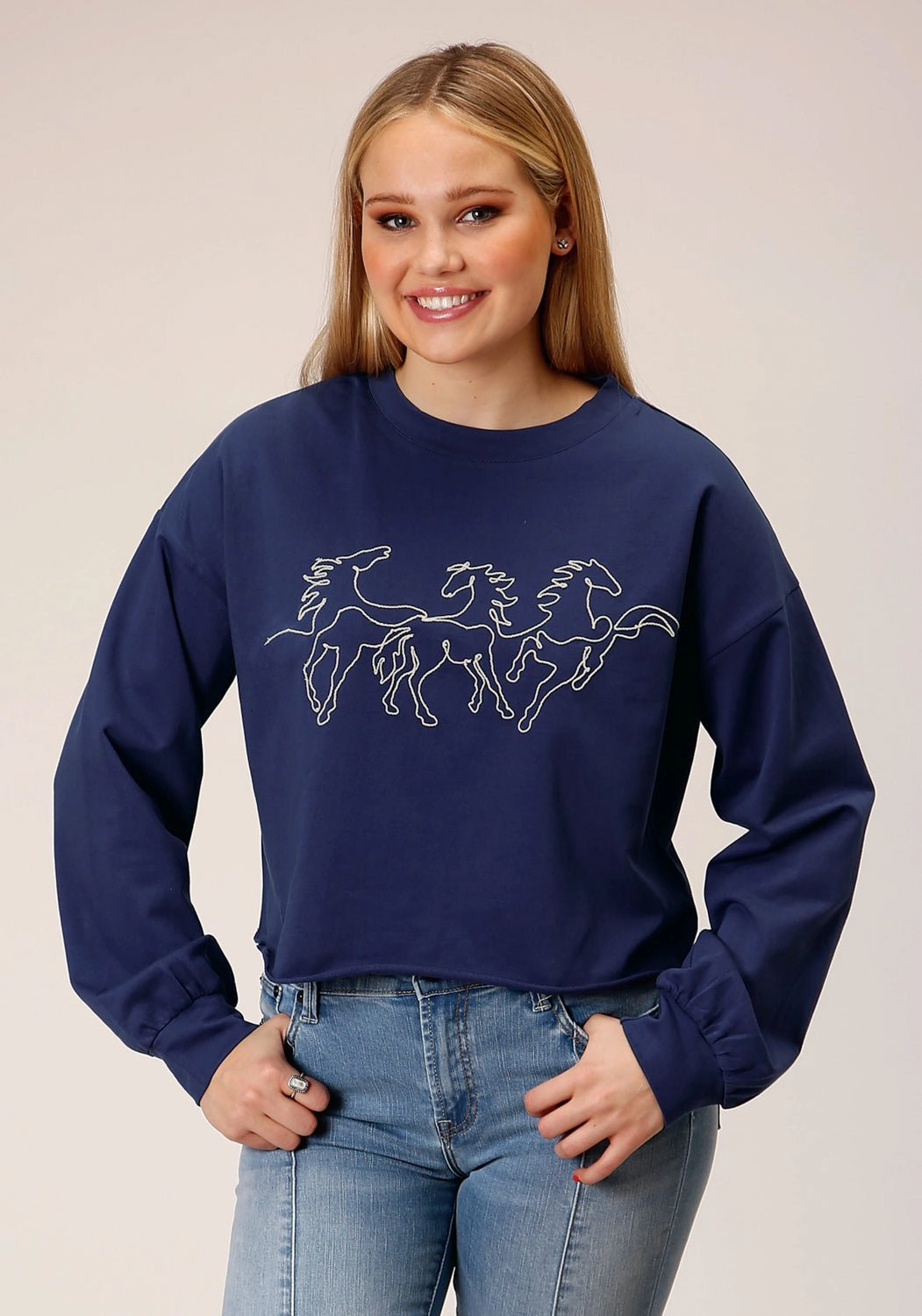 Relaxed Layers Fade Resistant Textiles Roper Womens Broncos Blue 100% Cotton Sweatshirt