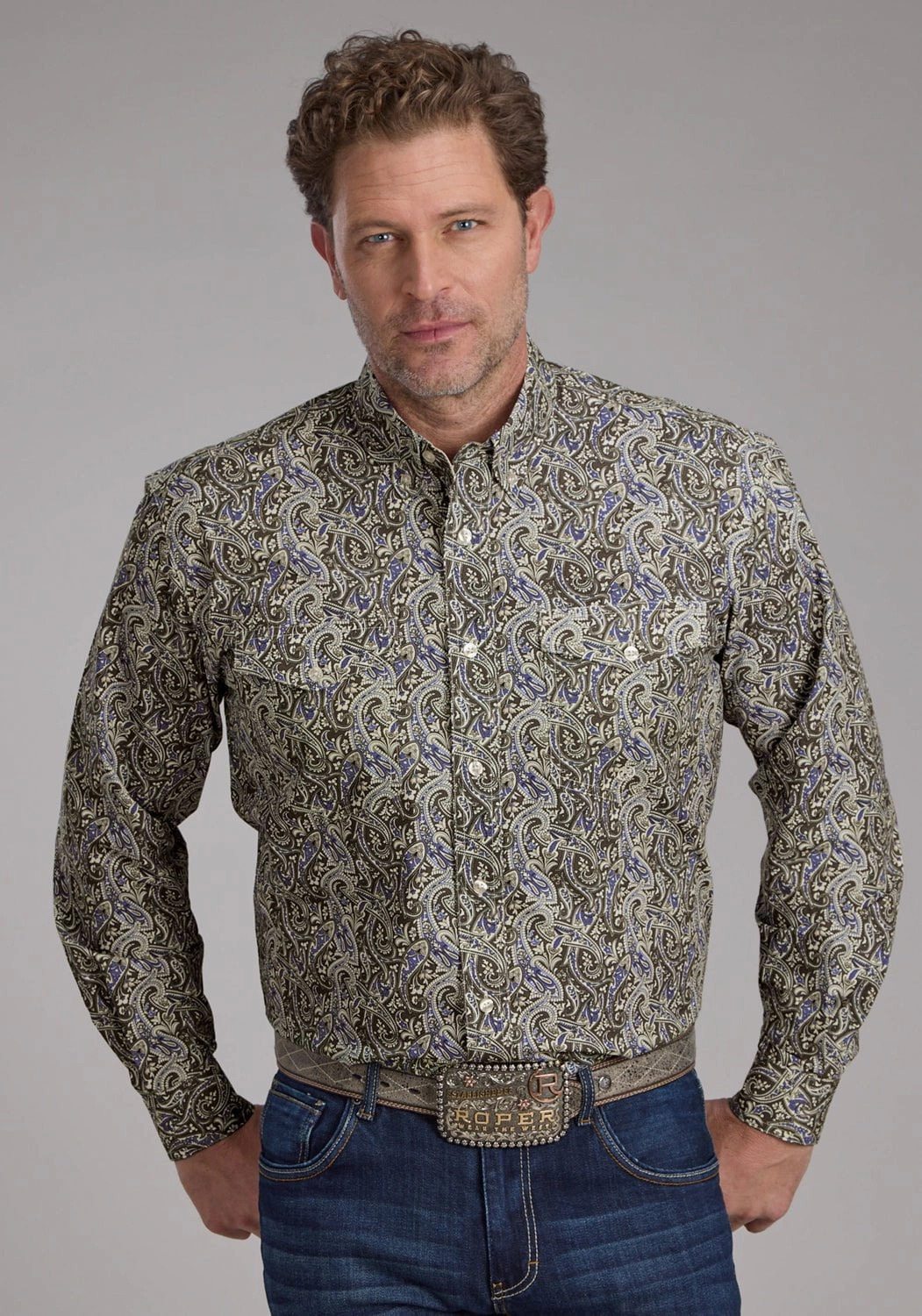 crew neck Non Irritating Seams Roper Mens 2383 Paisley Stone 100% Cotton Btn L/S Shirt