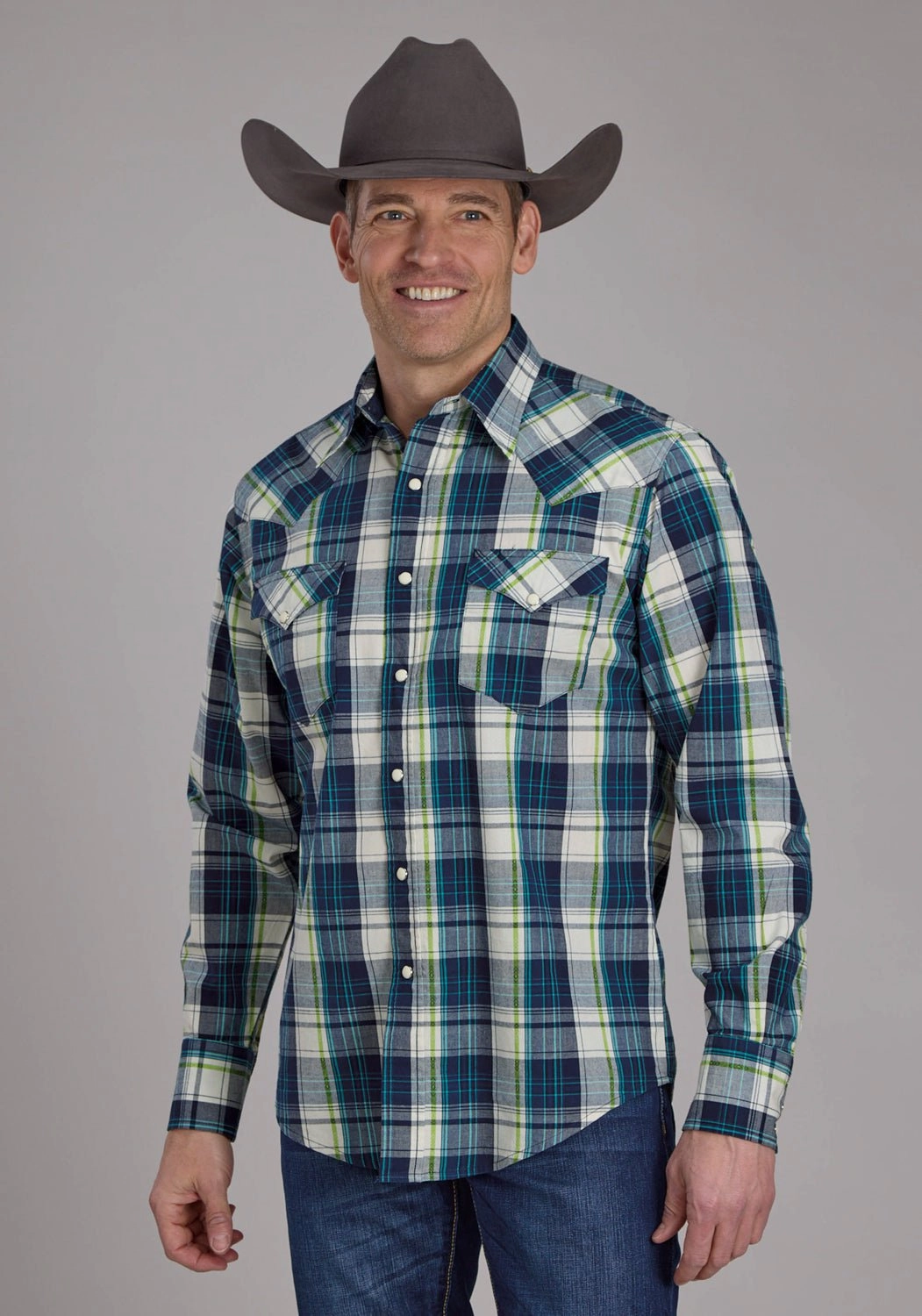 Roper Mens 2183 Contrast Dobby Blue 100% Cotton L/S Shirt Modern Style