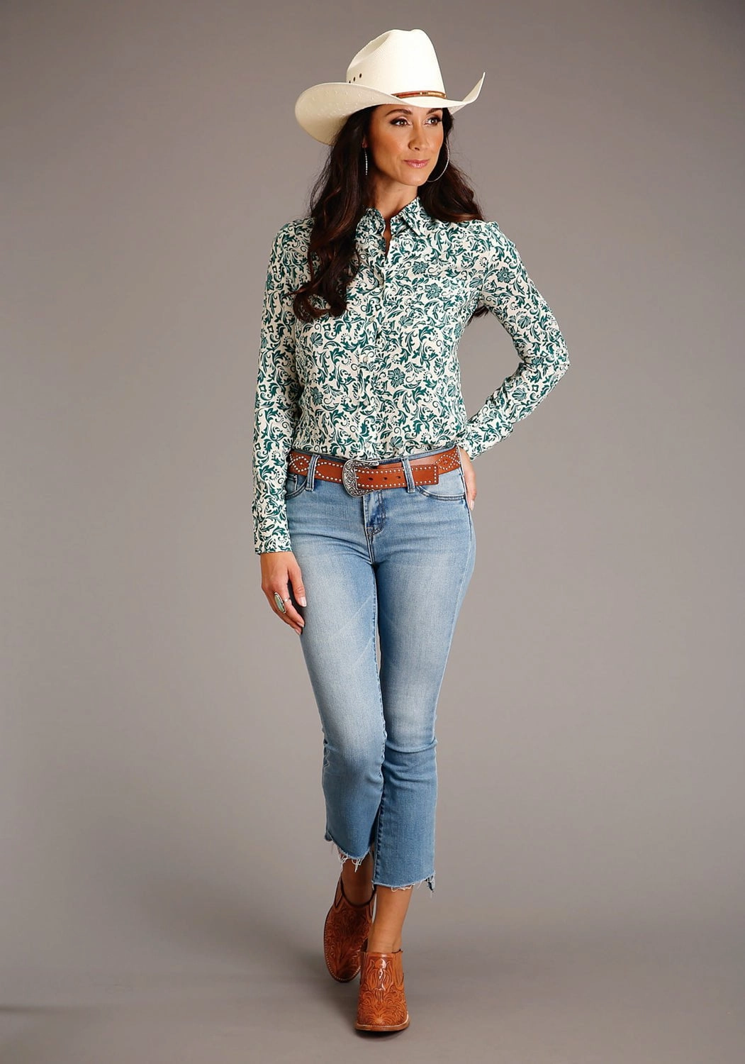 Stetson Womens Floral Print Jade 100% Rayon L/S Shirt Polka Dot