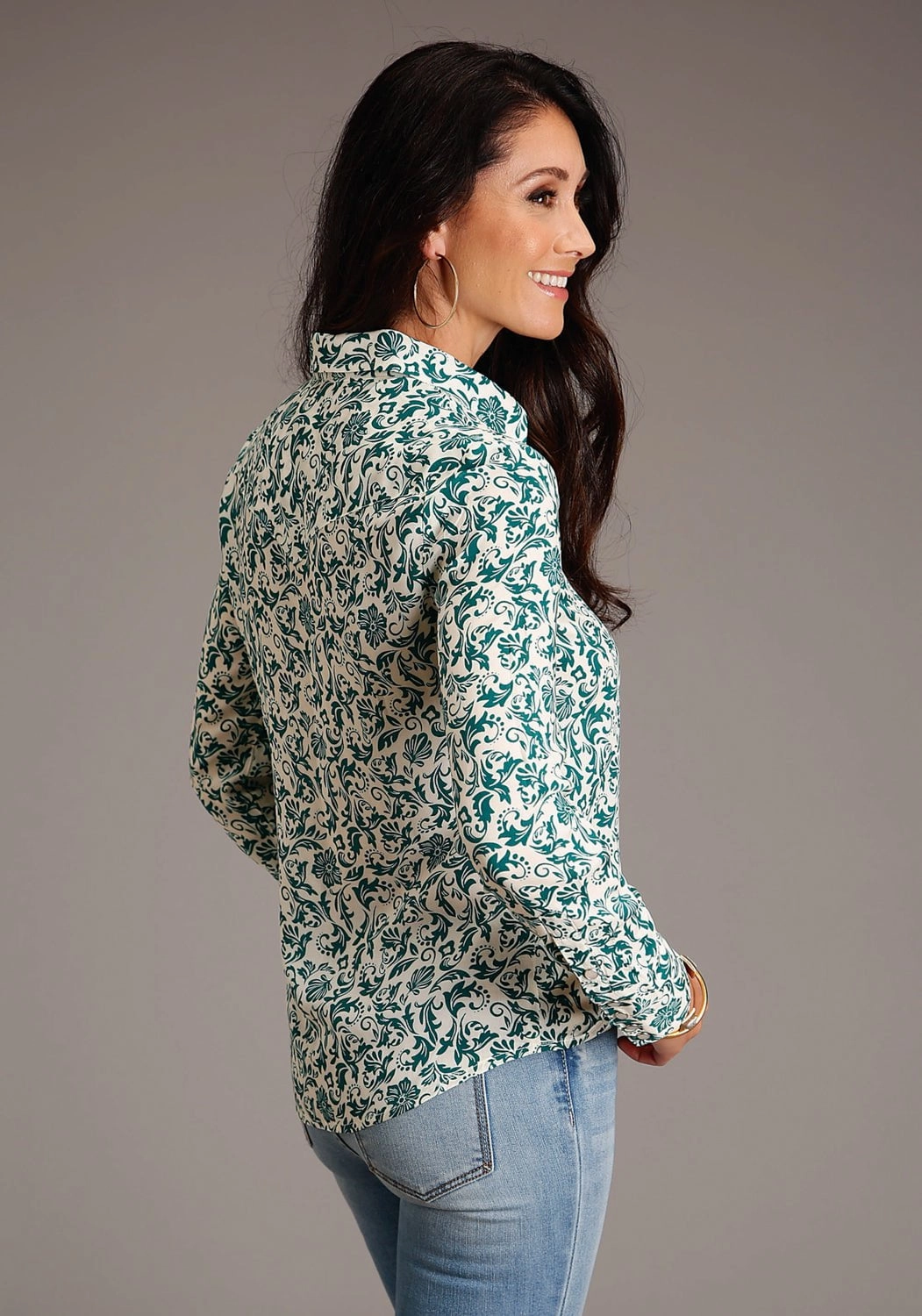 High Neck Embroidered Detail Stetson Womens Floral Print Jade 100% Rayon L/S Shirt