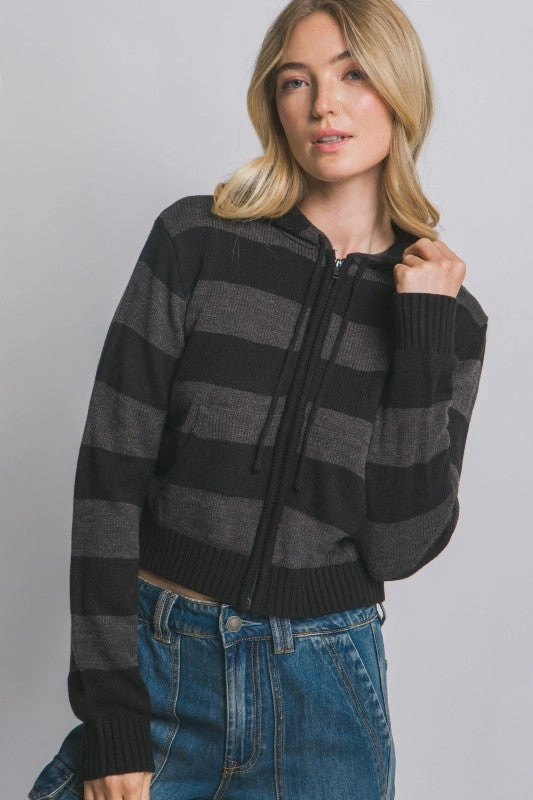 Smart Style Recycled Yarn Victoria Stripe Hoodie Sweater W/zip
