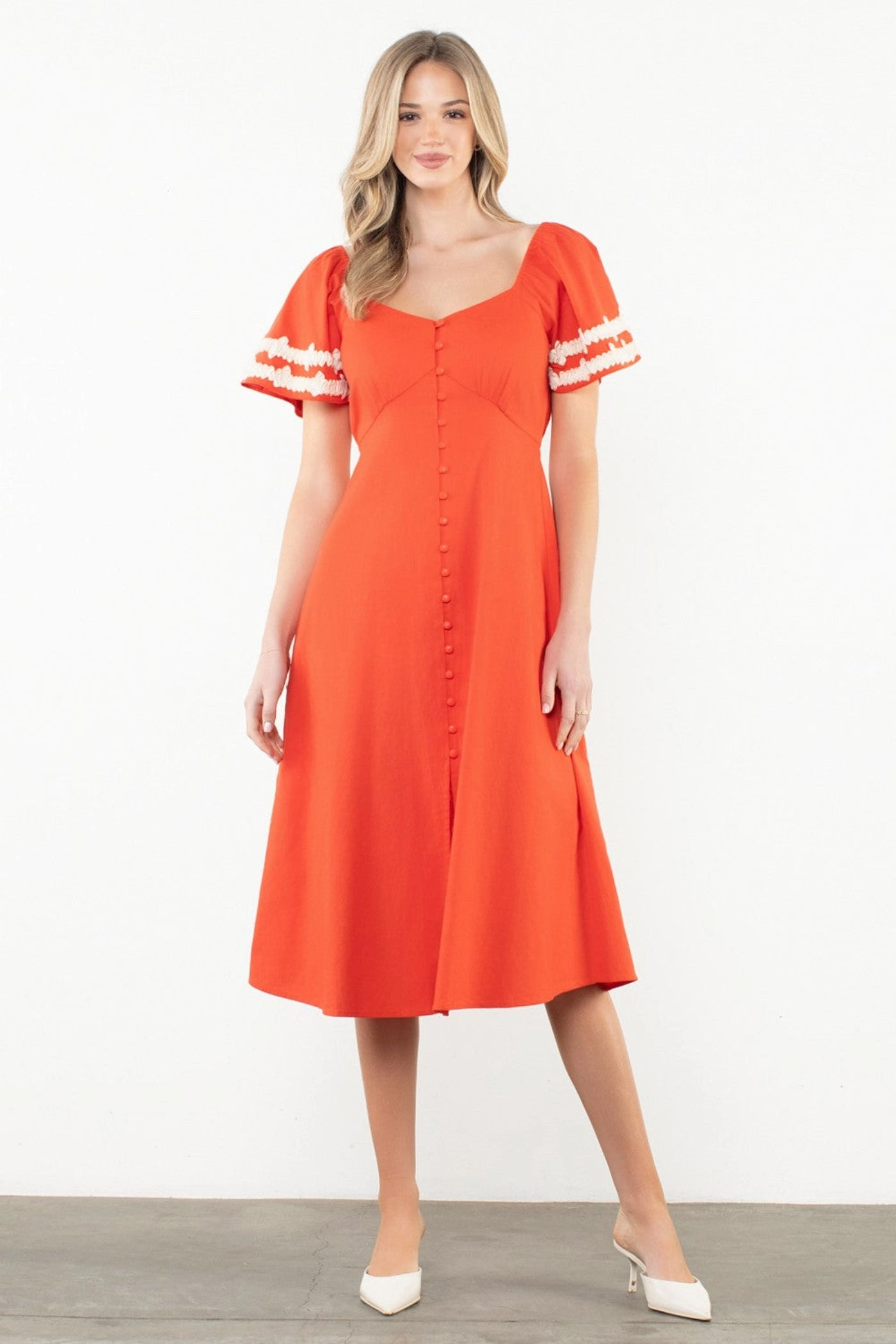 Stylish party wear MACY SHIRRED SLEEVE FRONT SLIT MIDI DRESS