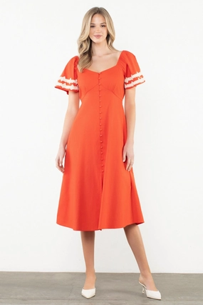 Stylish party wear MACY SHIRRED SLEEVE FRONT SLIT MIDI DRESS