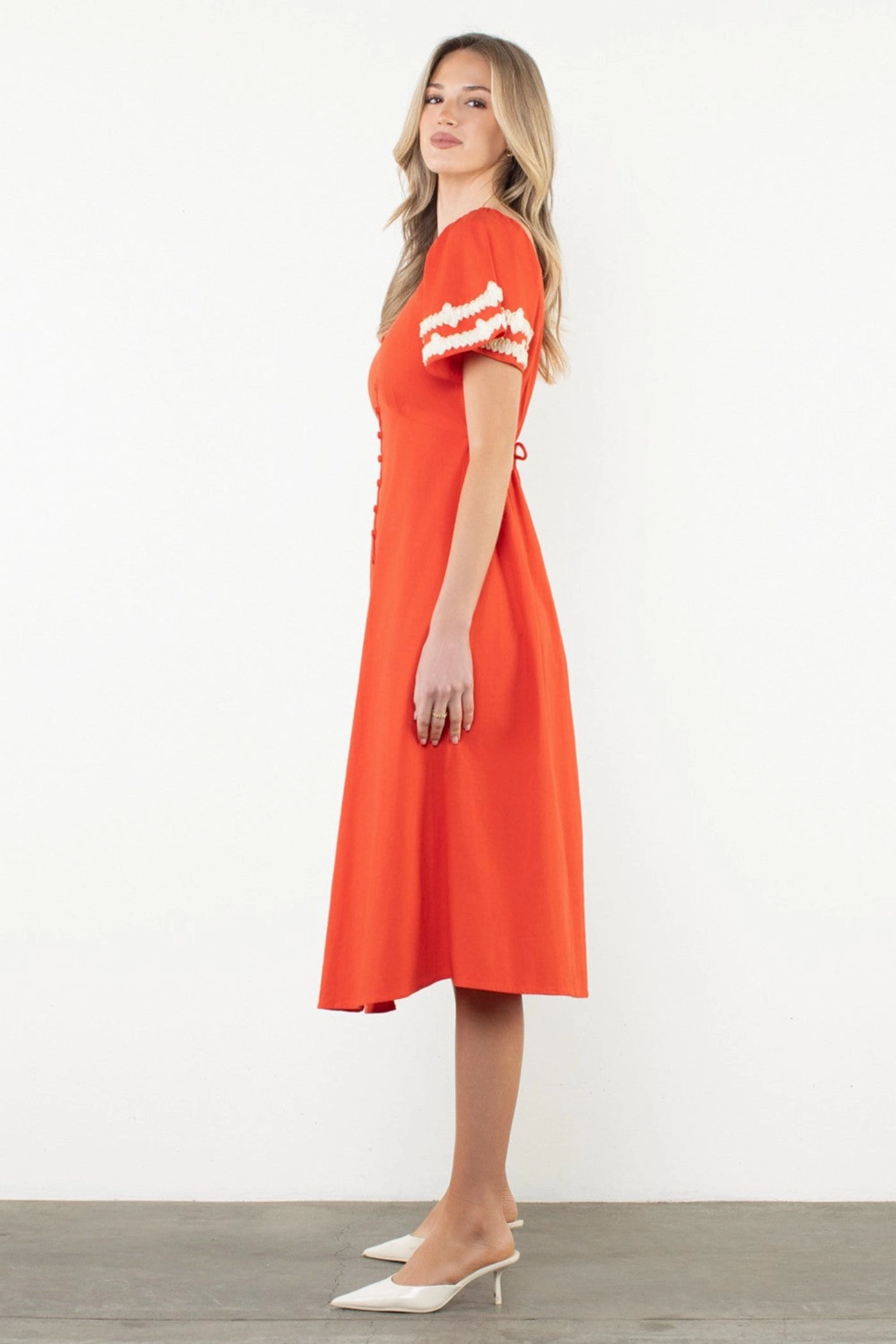 Elegant holiday wear MACY SHIRRED SLEEVE FRONT SLIT MIDI DRESS