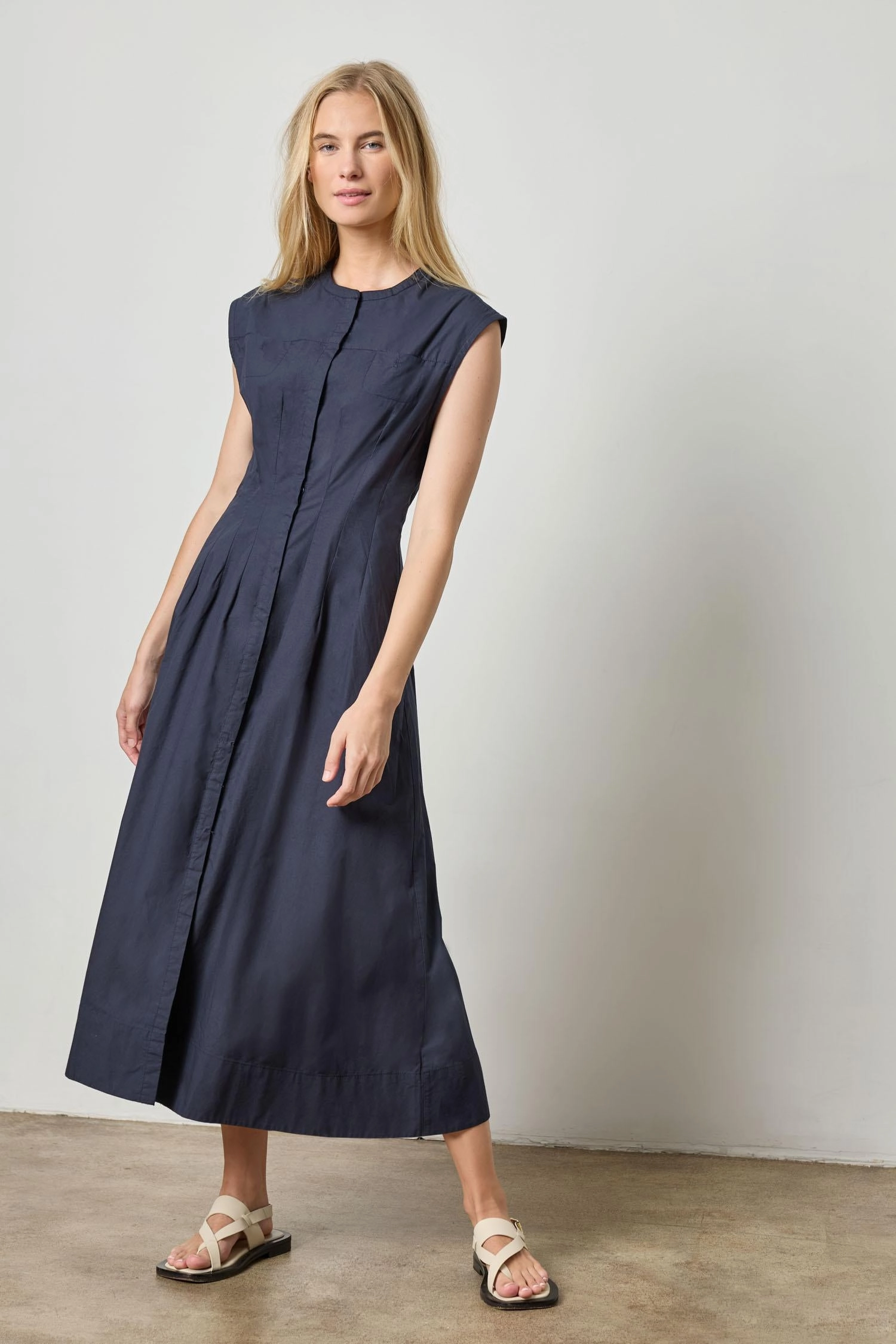 Sleeveless Seamed Maxi Dress in Navy Skin Glow