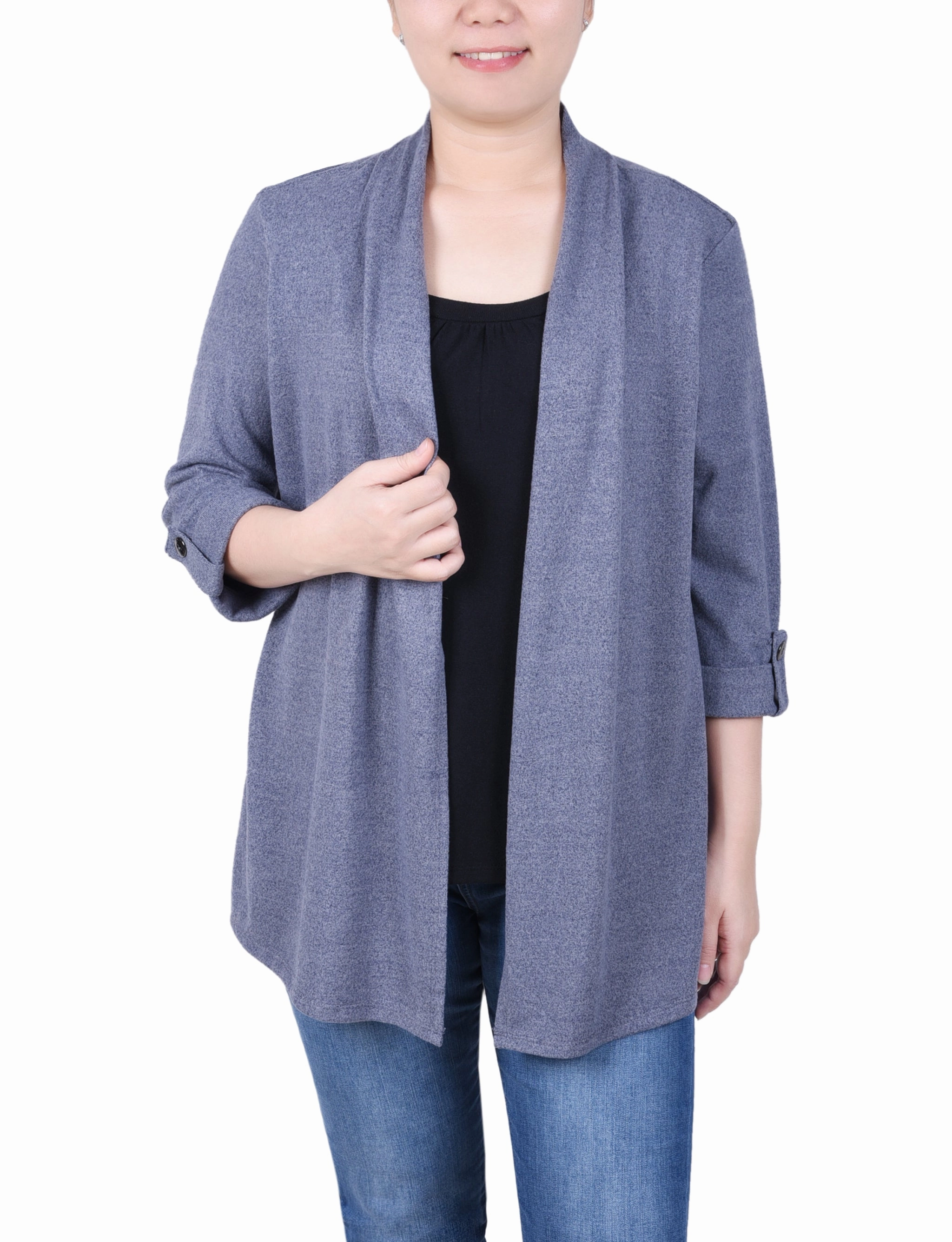 Petite 3/4 Sleeve Two In One Top Organic Cotton Blend Yarn Dyed