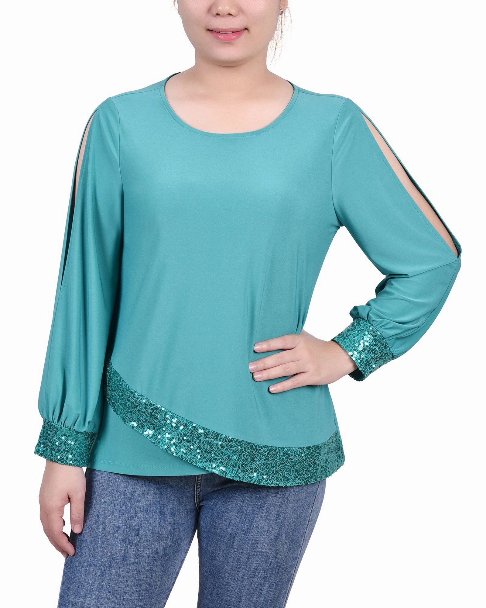 Recycled Polyester Yarn Petite Long Sleeve Knit Top With Sequin Hem
